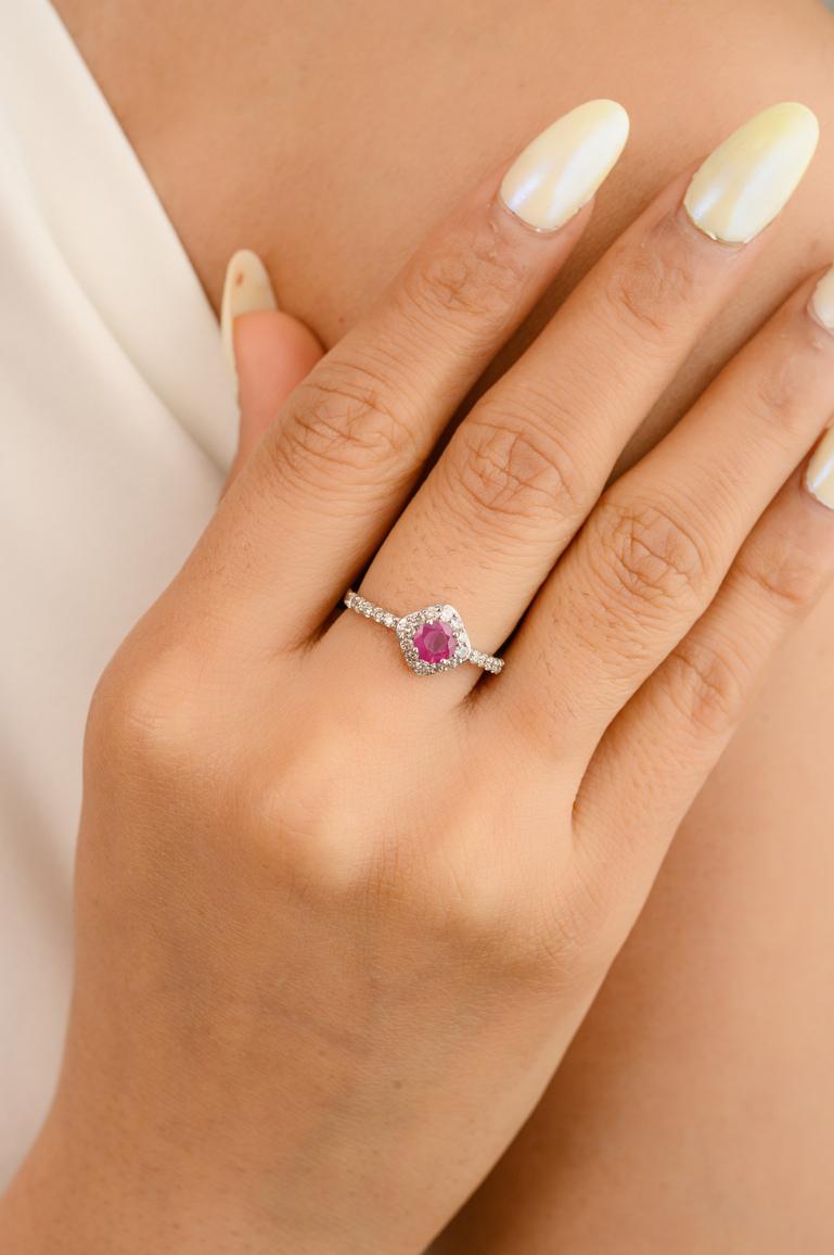 For Sale:  Minimal Halo Diamond and Pink Sapphire Ring Studded in 14k Solid White Gold 2