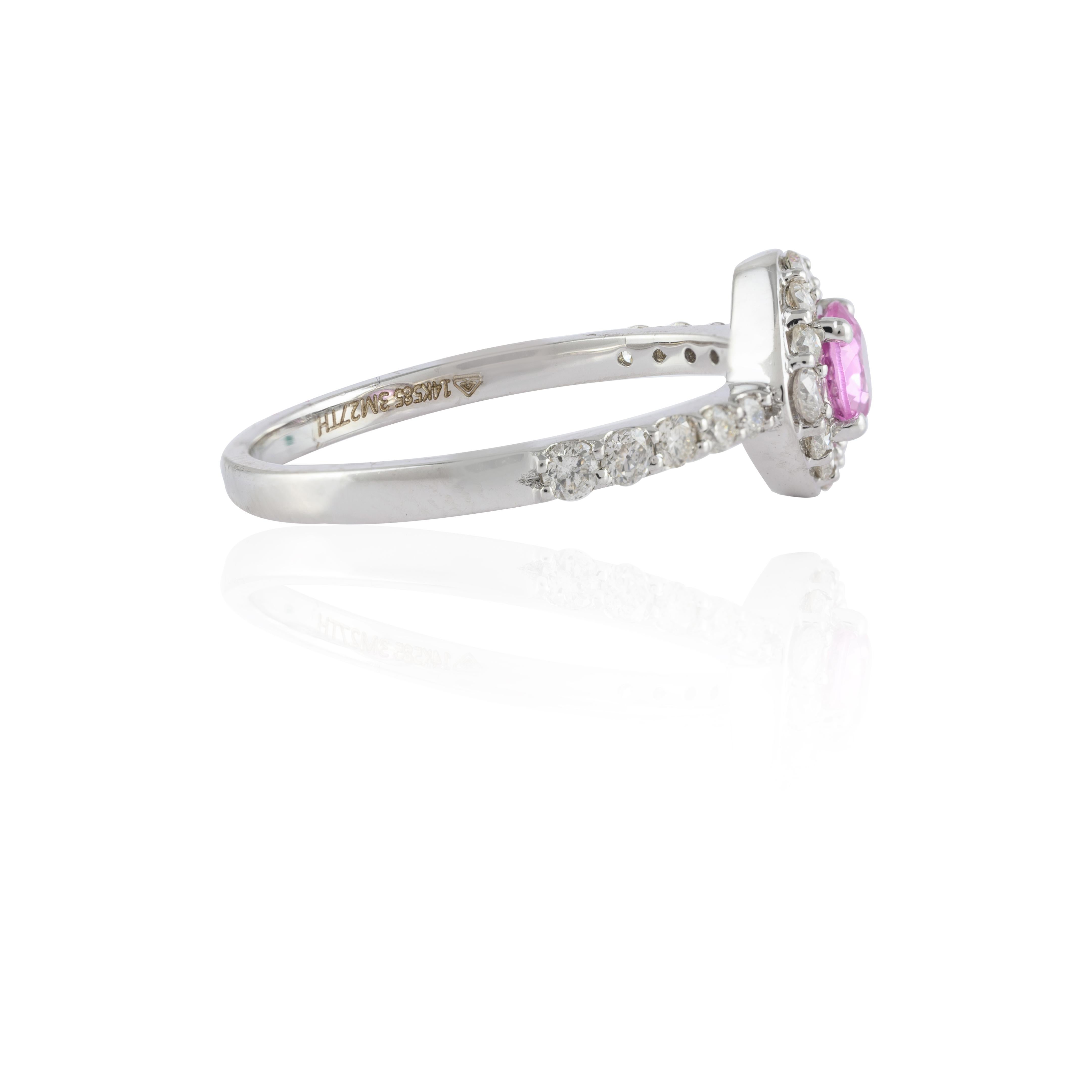 For Sale:  Minimal Halo Diamond and Pink Sapphire Ring Studded in 14k Solid White Gold 7