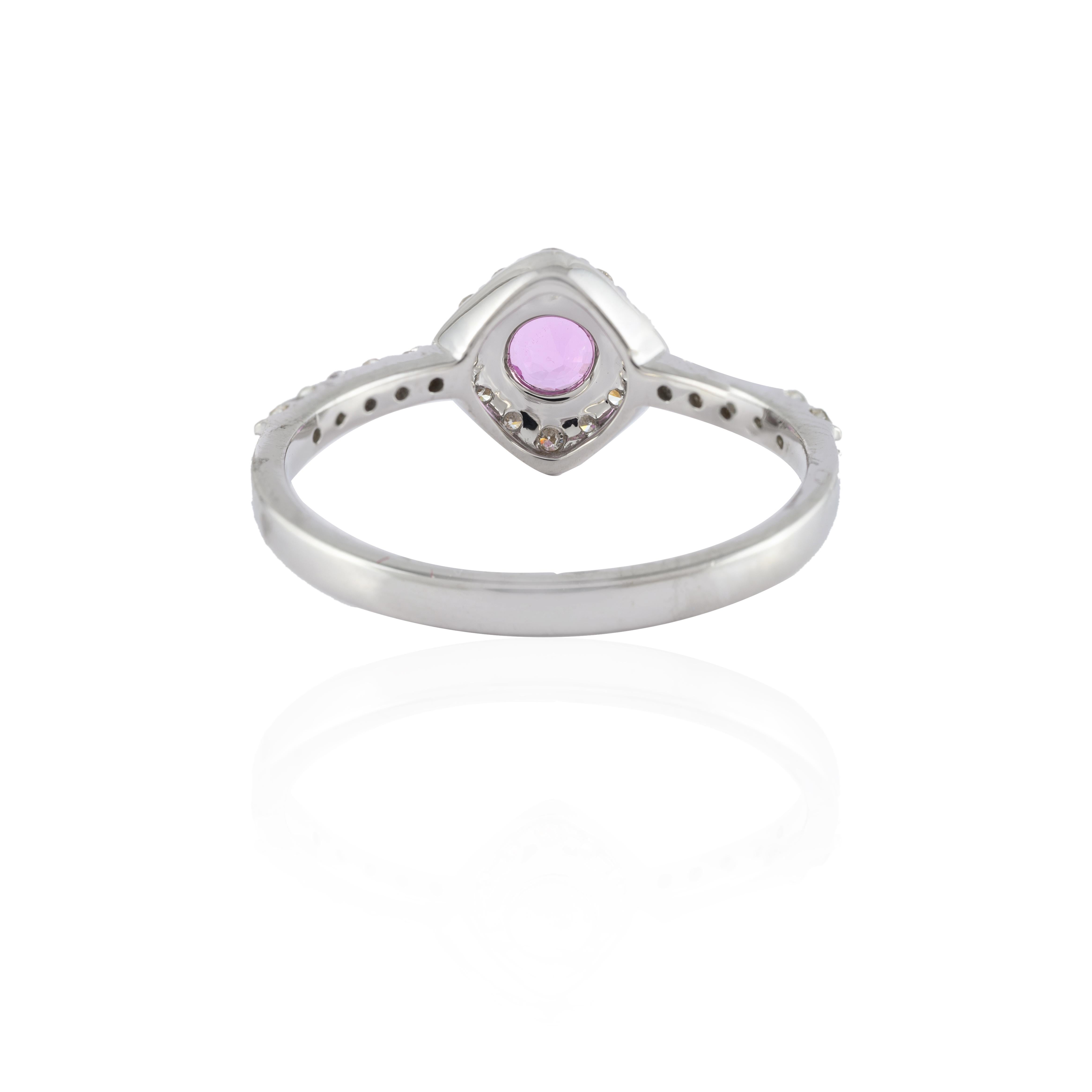 For Sale:  Minimal Halo Diamond and Pink Sapphire Ring Studded in 14k Solid White Gold 11