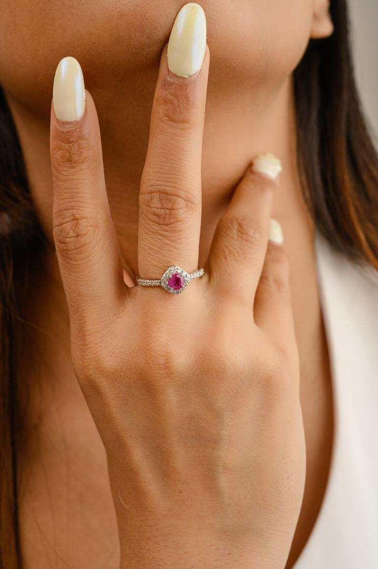 For Sale:  Minimal Halo Diamond and Pink Sapphire Ring Studded in 14k Solid White Gold 4