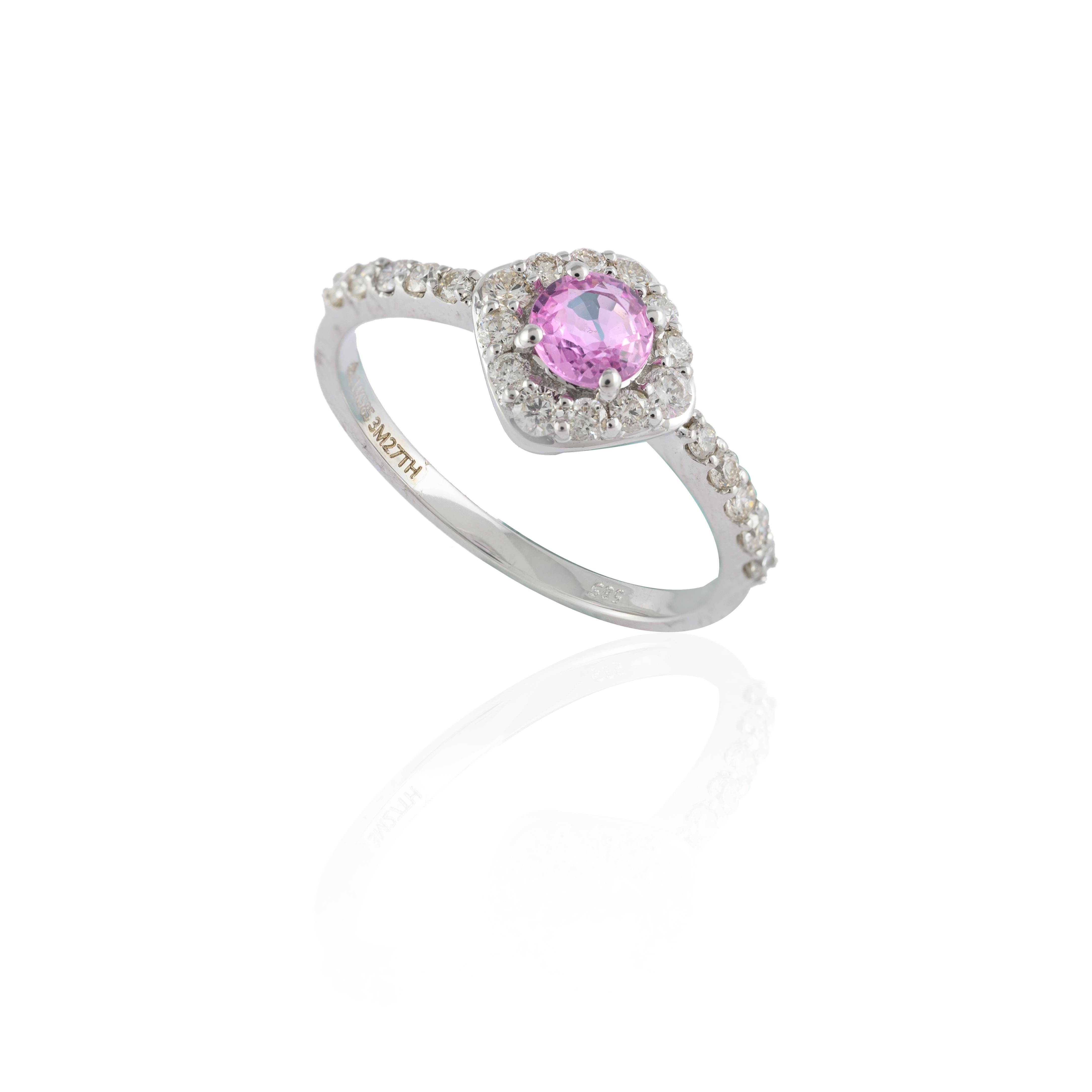 For Sale:  Minimal Halo Diamond and Pink Sapphire Ring Studded in 14k Solid White Gold 12