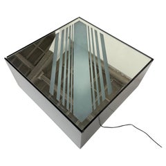 Minimal Illuminated Mirrored & Etched Glass Coffee Table Italy Circa 1980