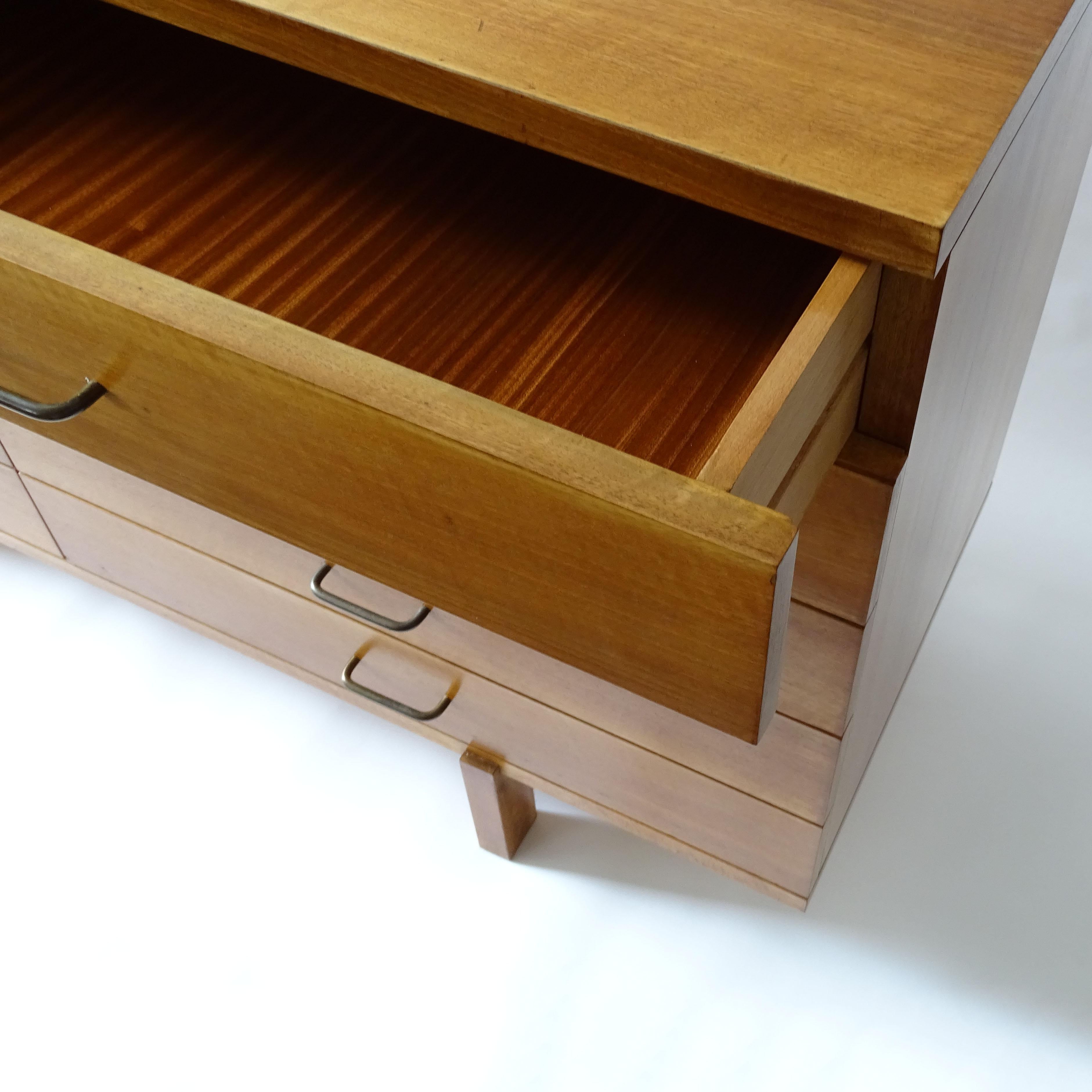Mid-20th Century Minimal Italian 1950s Architectural Chest of Drawers in Wood and Brass For Sale