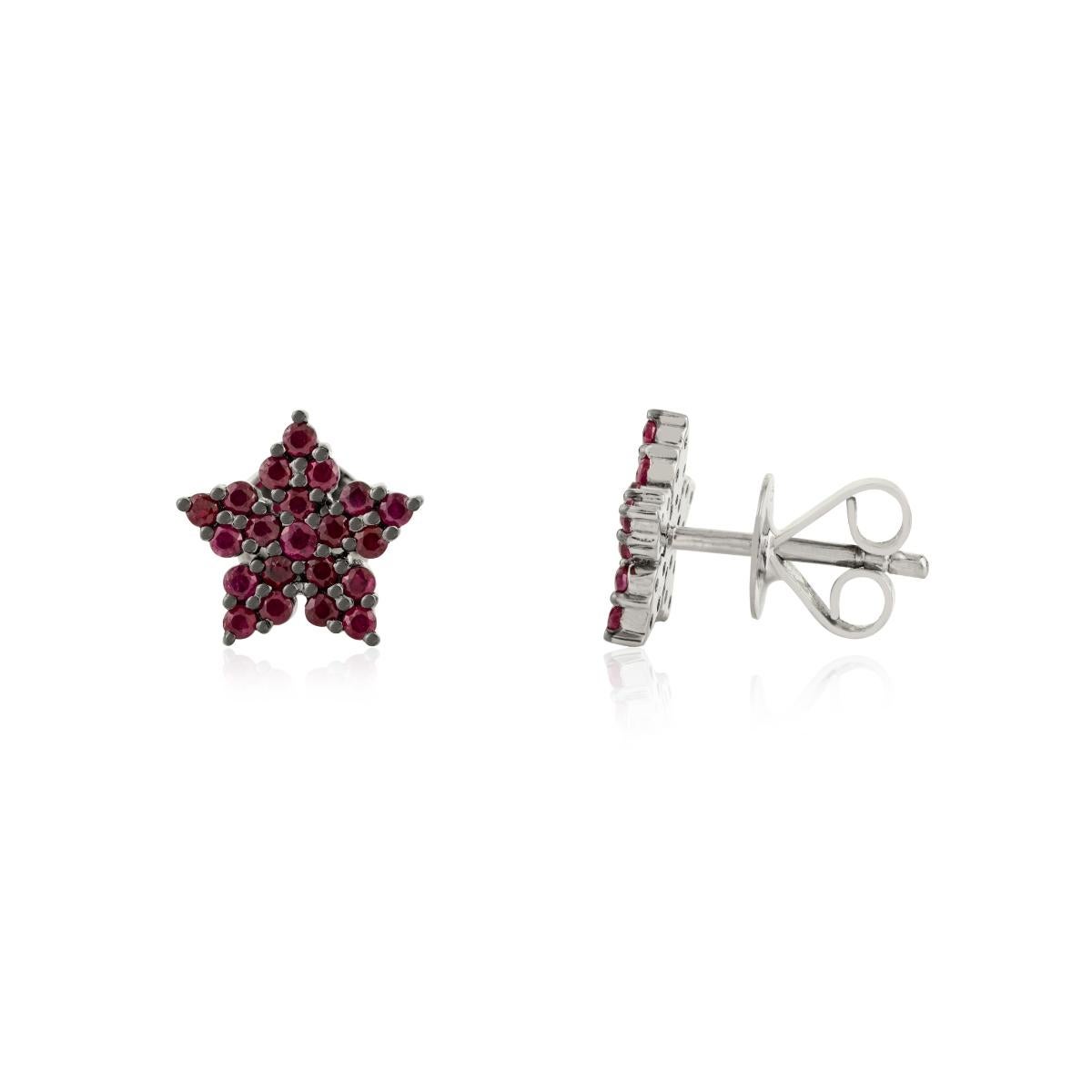 Minimal July Birthstone Ruby Star Earrings in 14k Solid White Gold Fine Jewelry For Sale 1