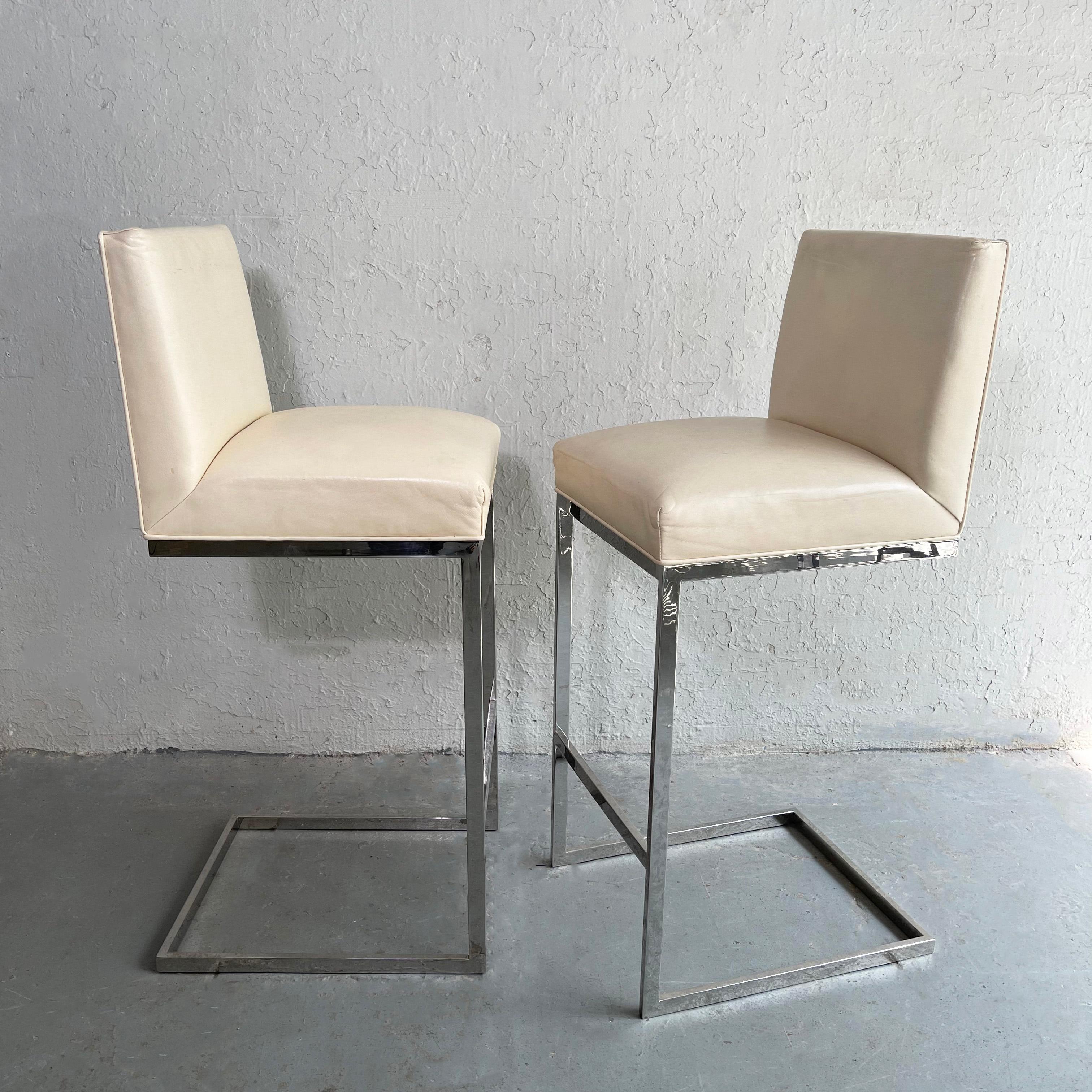 Post-Modern Minimal Leather Chrome Cantilever Bar Stools For Sale