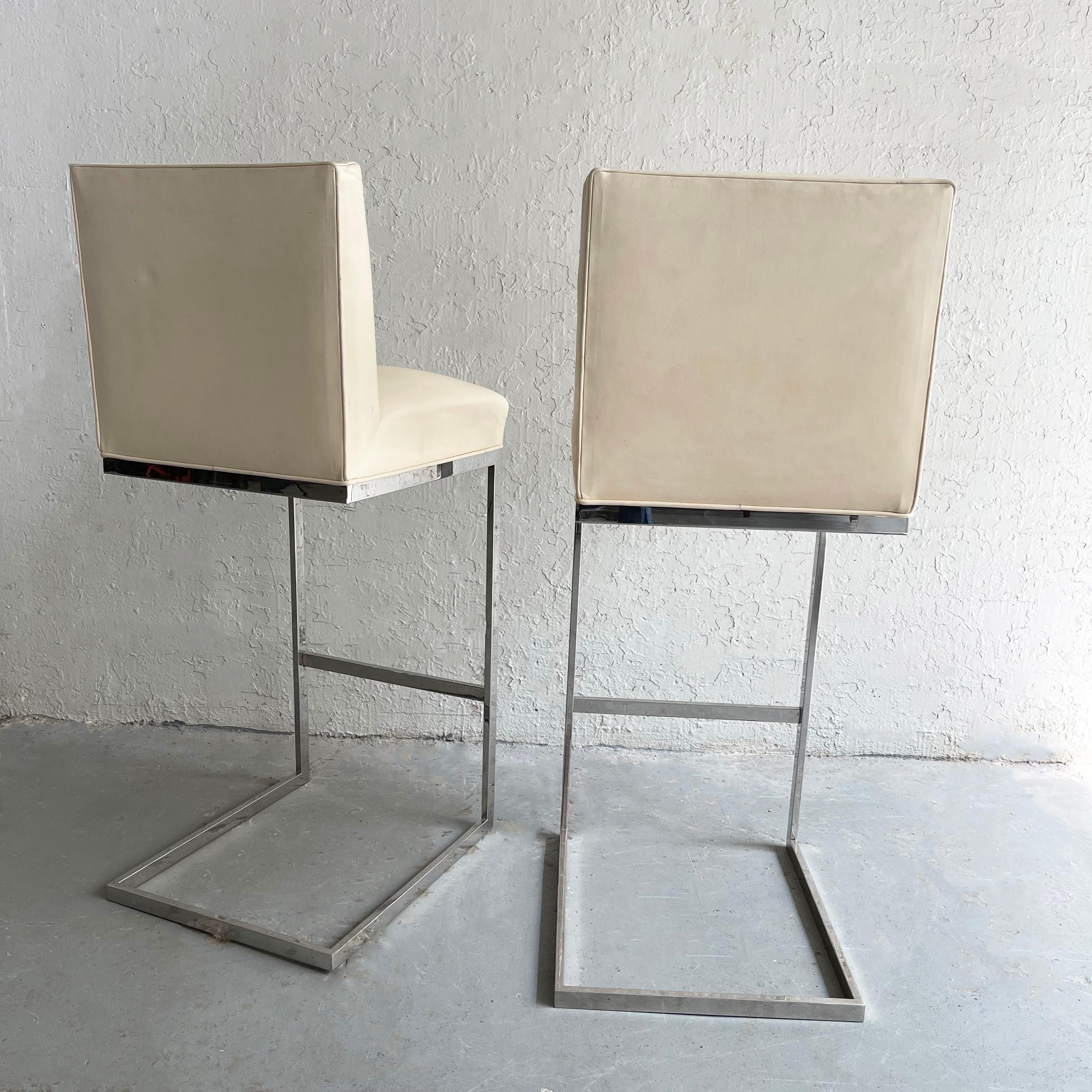 American Minimal Leather Chrome Cantilever Bar Stools For Sale