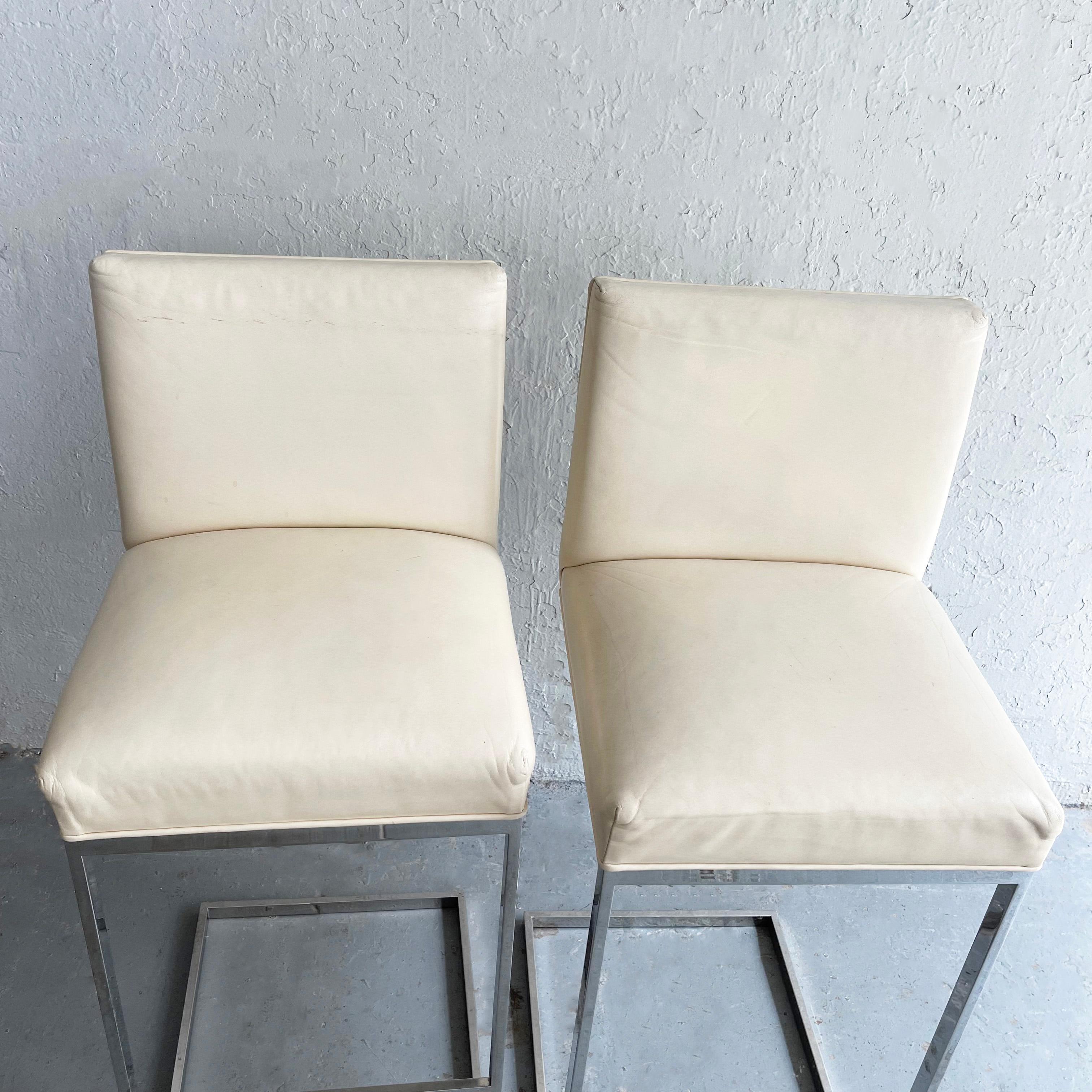 20th Century Minimal Leather Chrome Cantilever Bar Stools For Sale