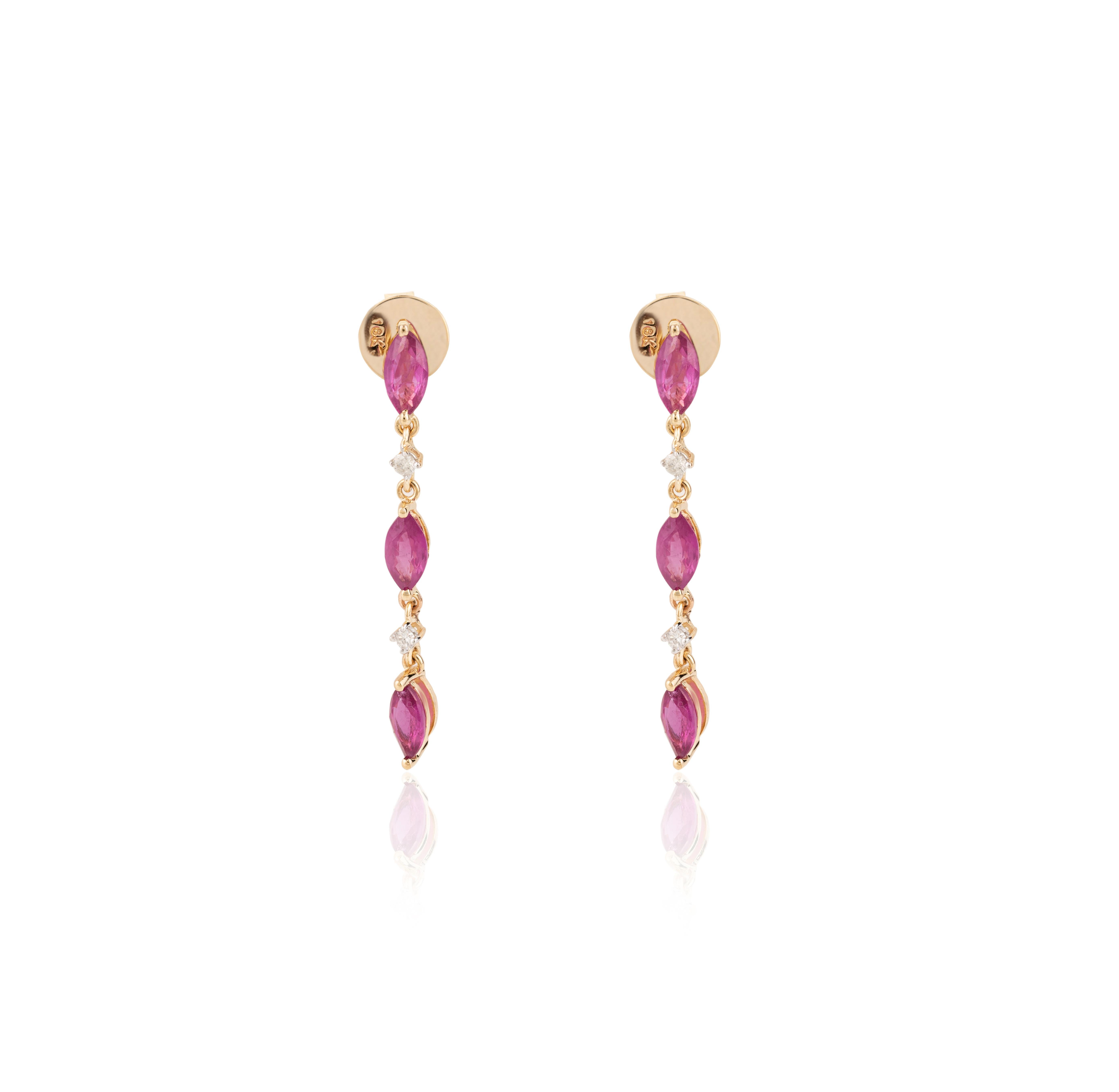 Modern Minimal Marquise Ruby Diamond Dangle Earrings Gift for Her in 18k Yellow Gold For Sale