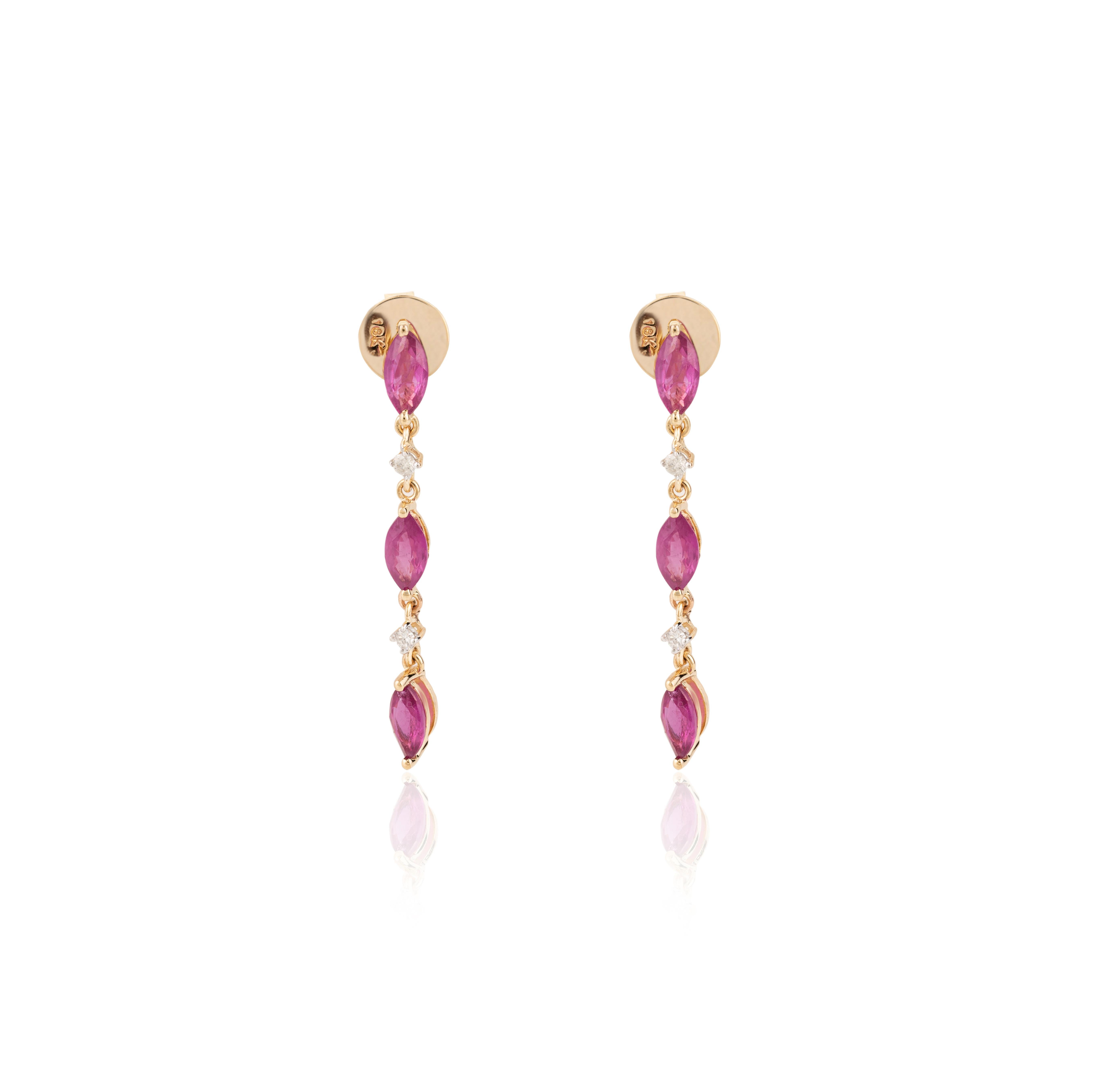 Pendientes colgantes de diamantes con rubí marquesa minimalista Regalo para ella en oro amarillo de 18 quilates Moderno en venta