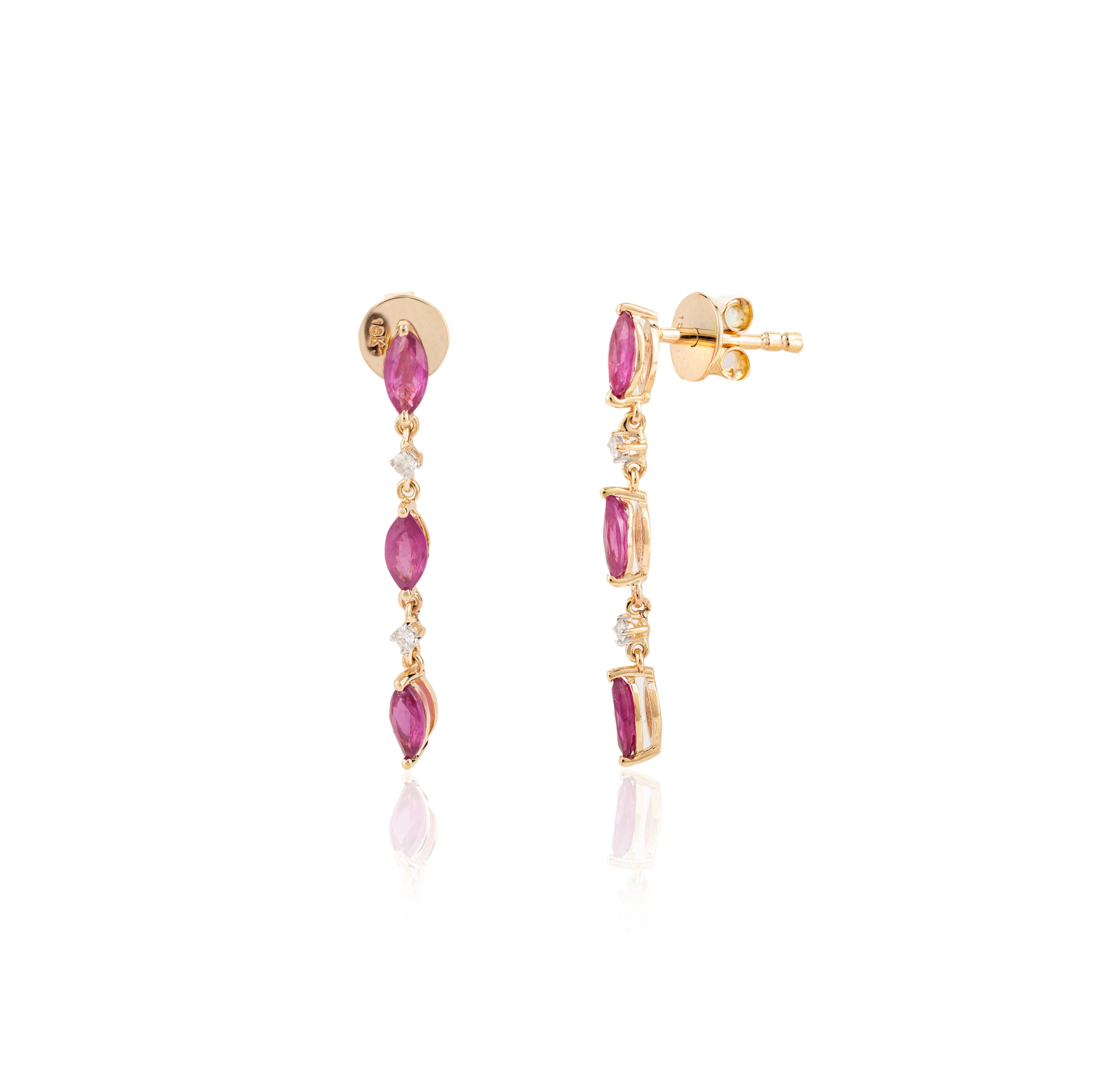 Boucles d'oreilles pendantes Minimal Marquise Rubis Diamant Cadeau pour Elle en Or Jaune 18k Neuf - En vente à Houston, TX