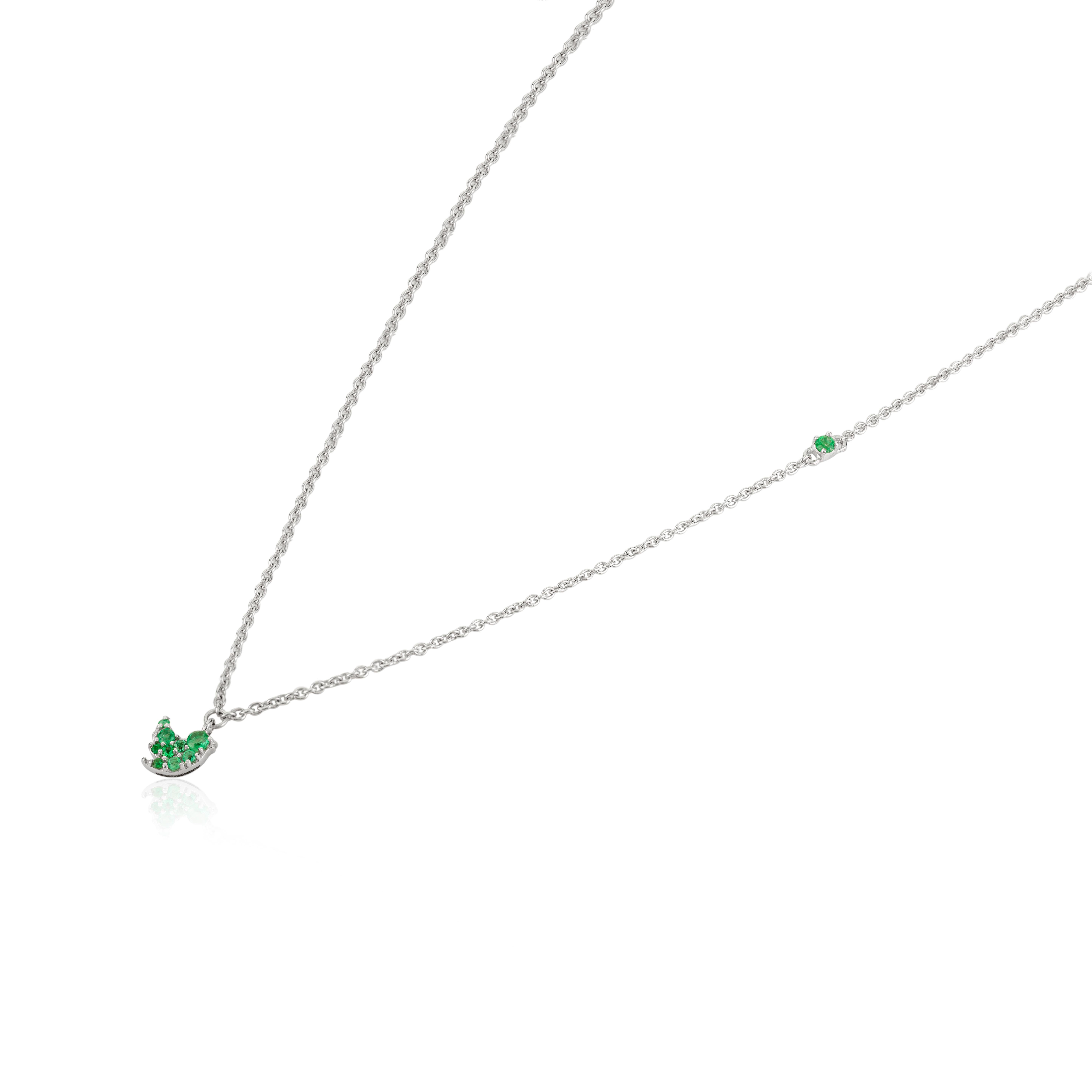 Modern Minimal May Birthstone Emerald Bird Pendant Necklace in 14k Solid White Gold For Sale