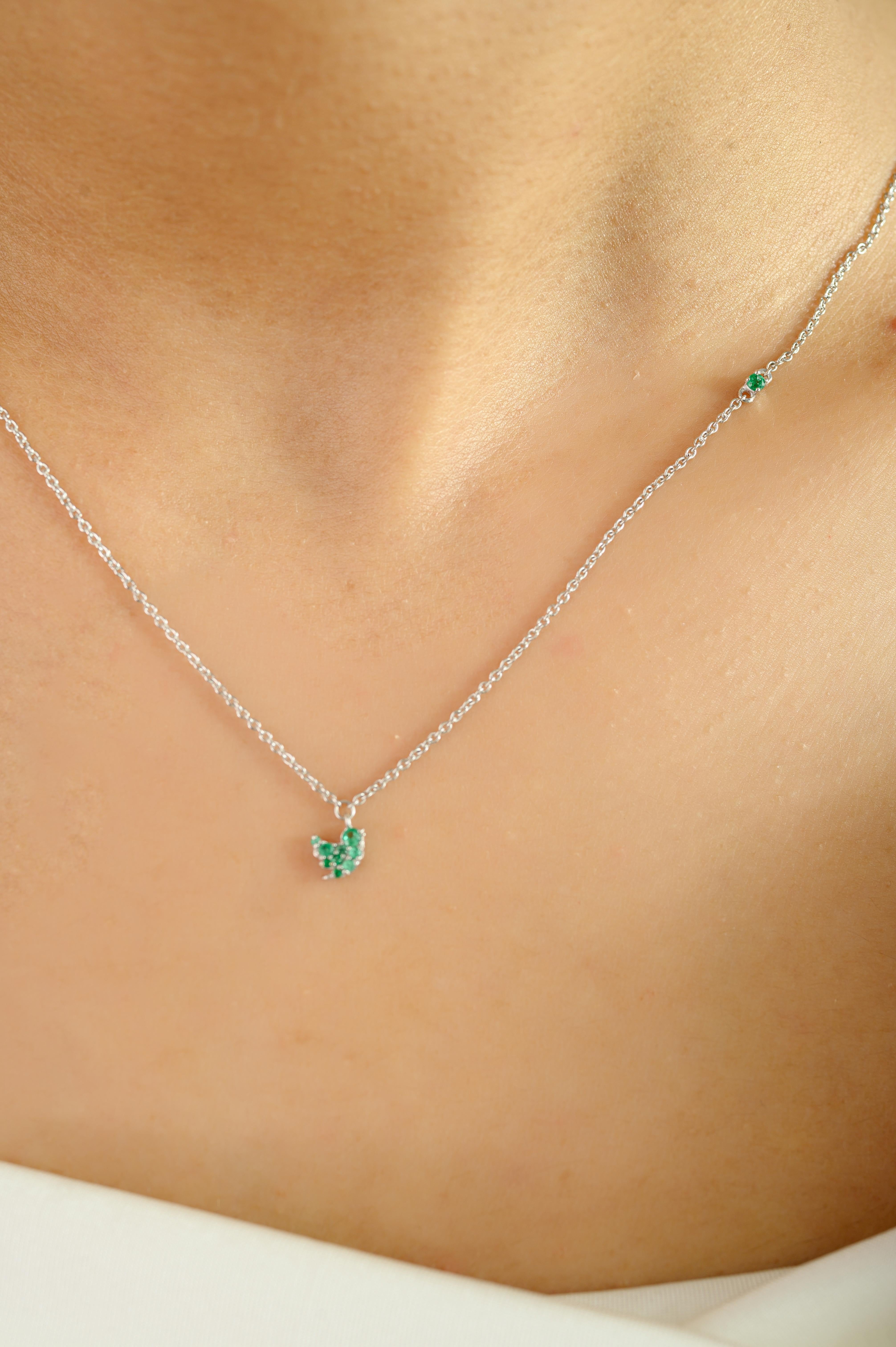 Round Cut Minimal May Birthstone Emerald Bird Pendant Necklace in 14k Solid White Gold For Sale