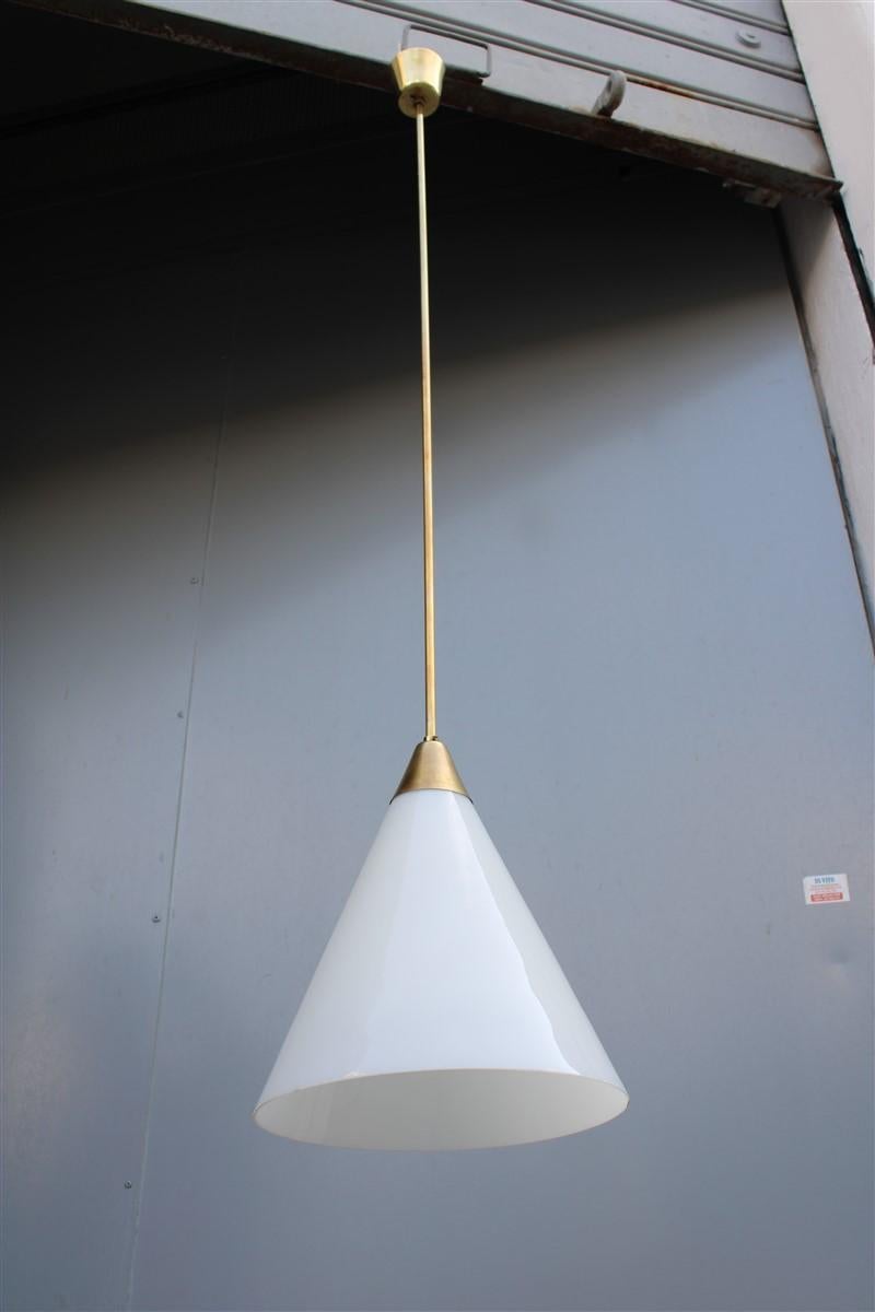 Mid-20th Century Minimal Midcentury Italian Design Chandelier Brass Gold White Glass Stilnovo For Sale