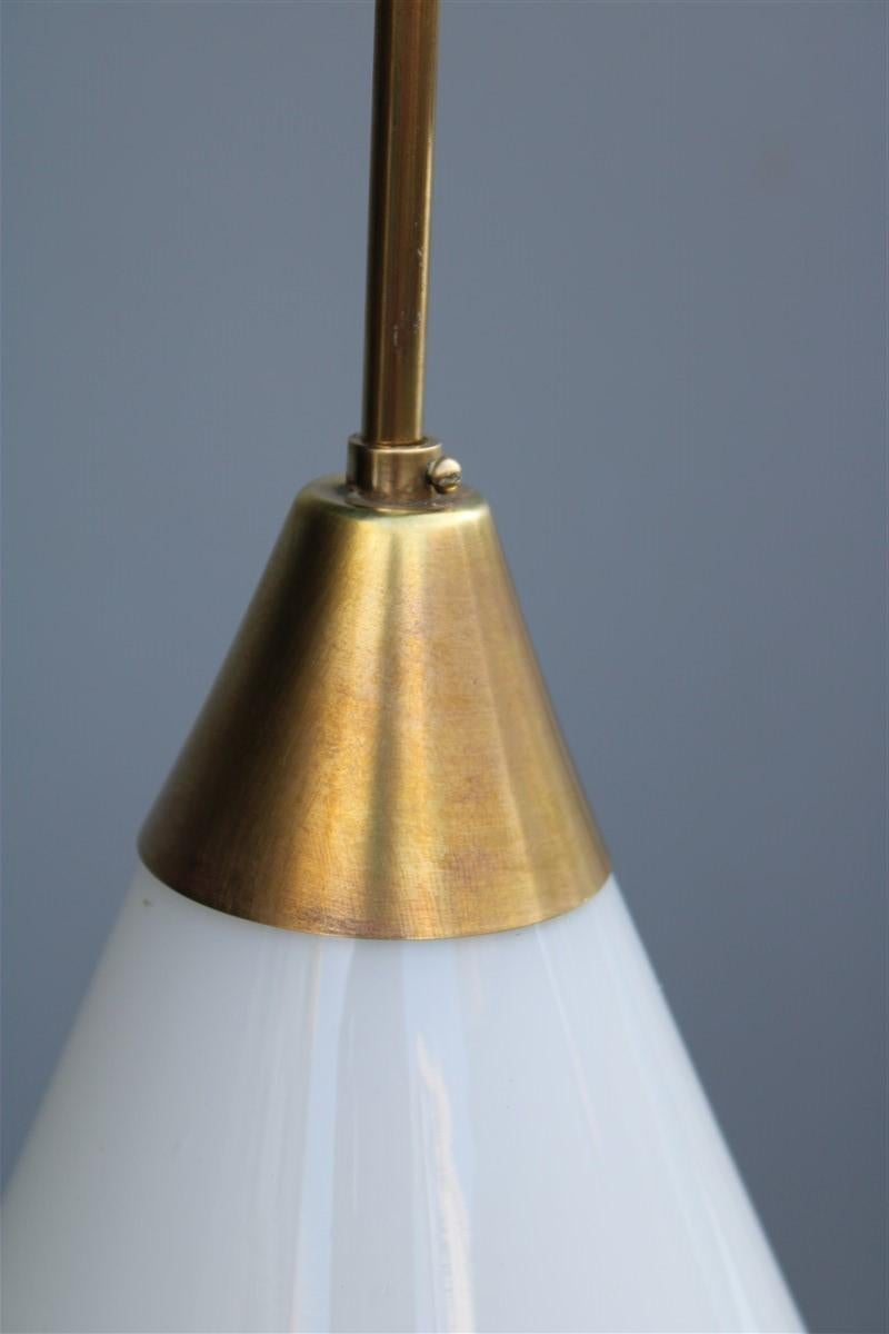 Minimal Midcentury Italian Design Chandelier Brass Gold White Glass Stilnovo For Sale 4