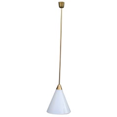 Minimal Midcentury Italian Design Chandelier Brass Gold White Glass Stilnovo