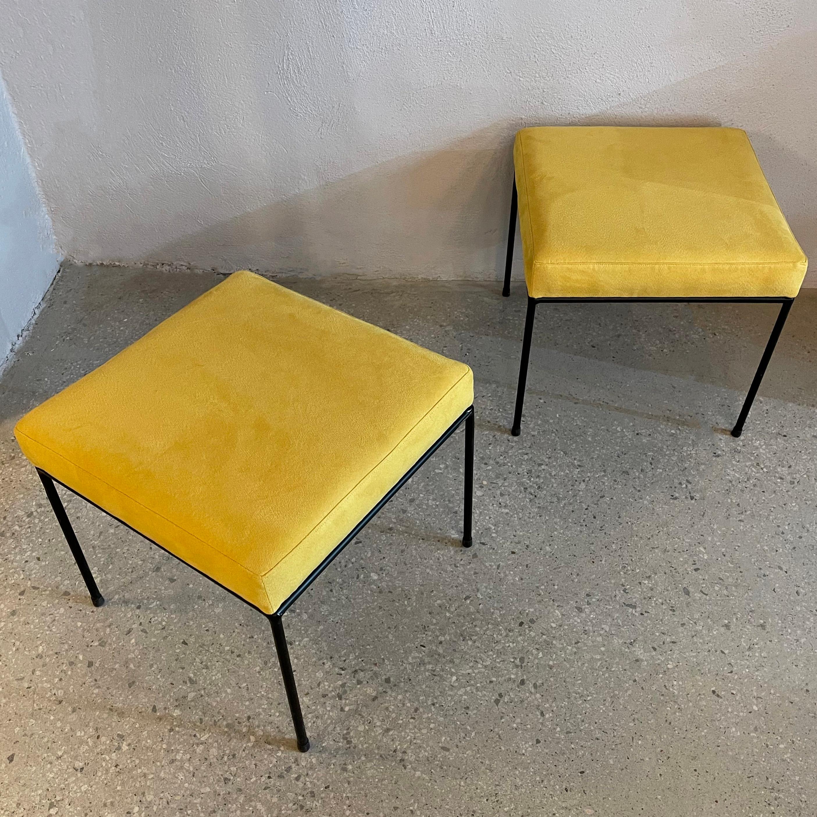 Minimal Mid-Century Modern Wrought Iron And Ultrasuede Ottomans In Good Condition In Brooklyn, NY