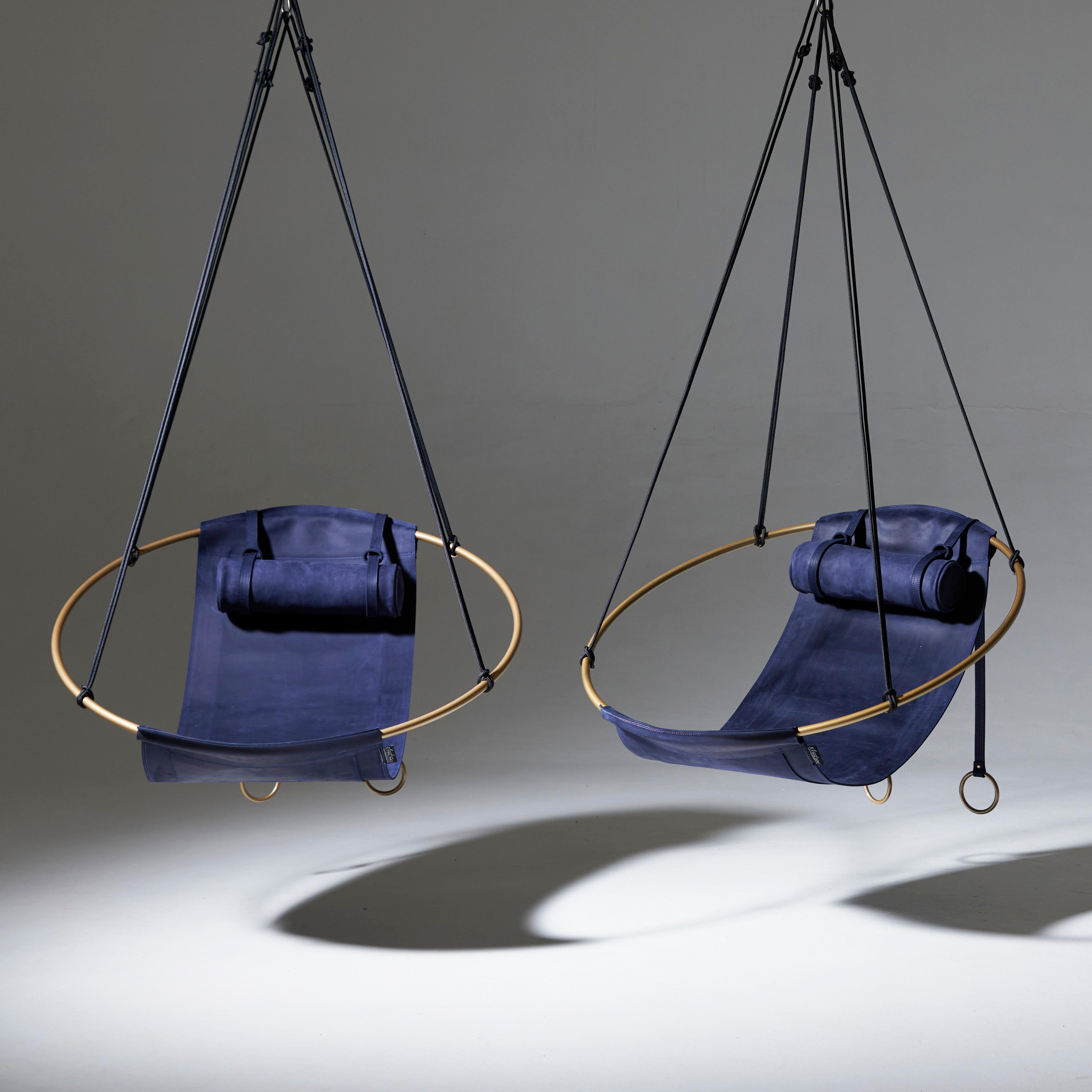 Minimal Modern 1 of a Kind Blue and Gold Sling Hanging Chair For Sale 3