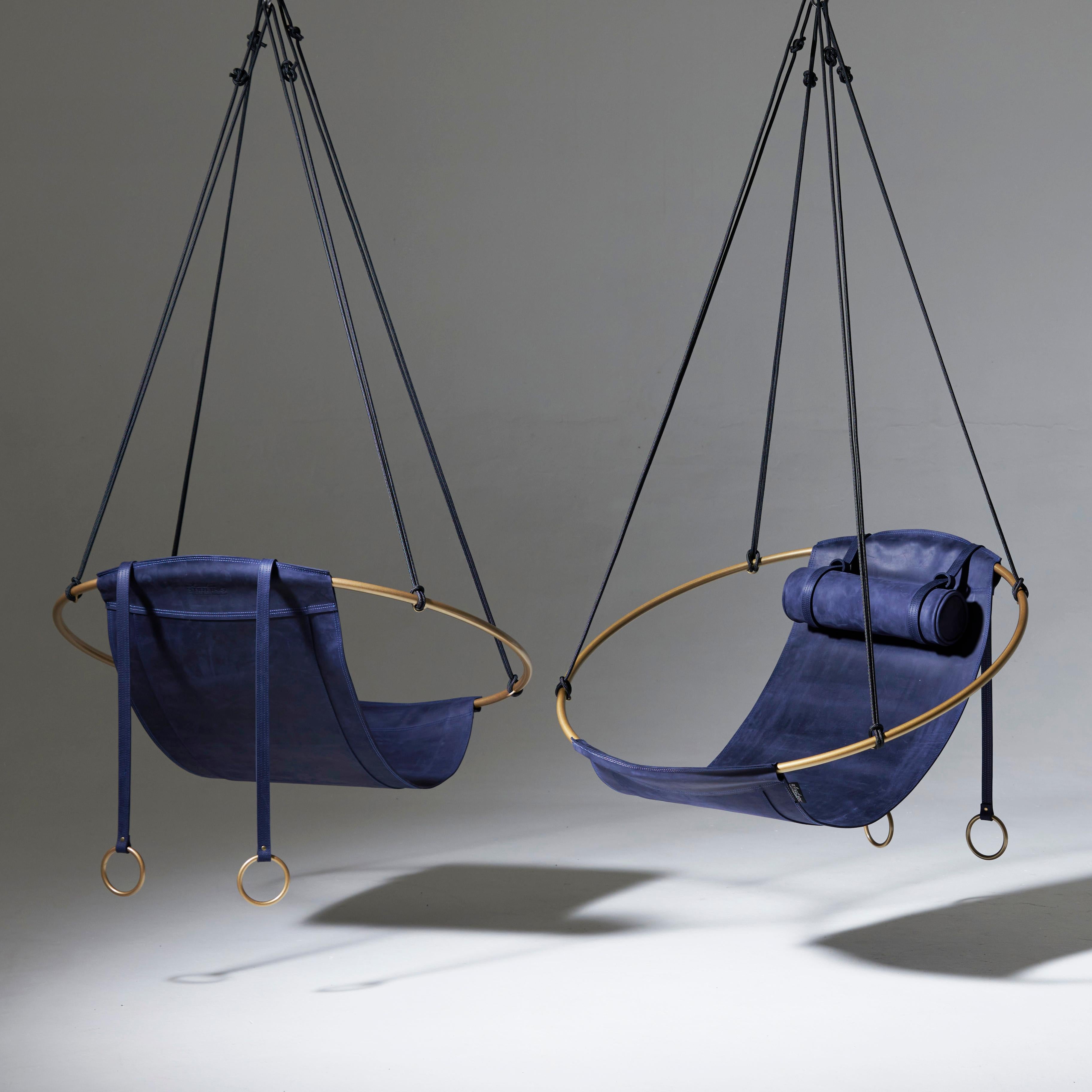 Minimal Modern 1 of a Kind Blue and Gold Sling Hanging Chair For Sale 4