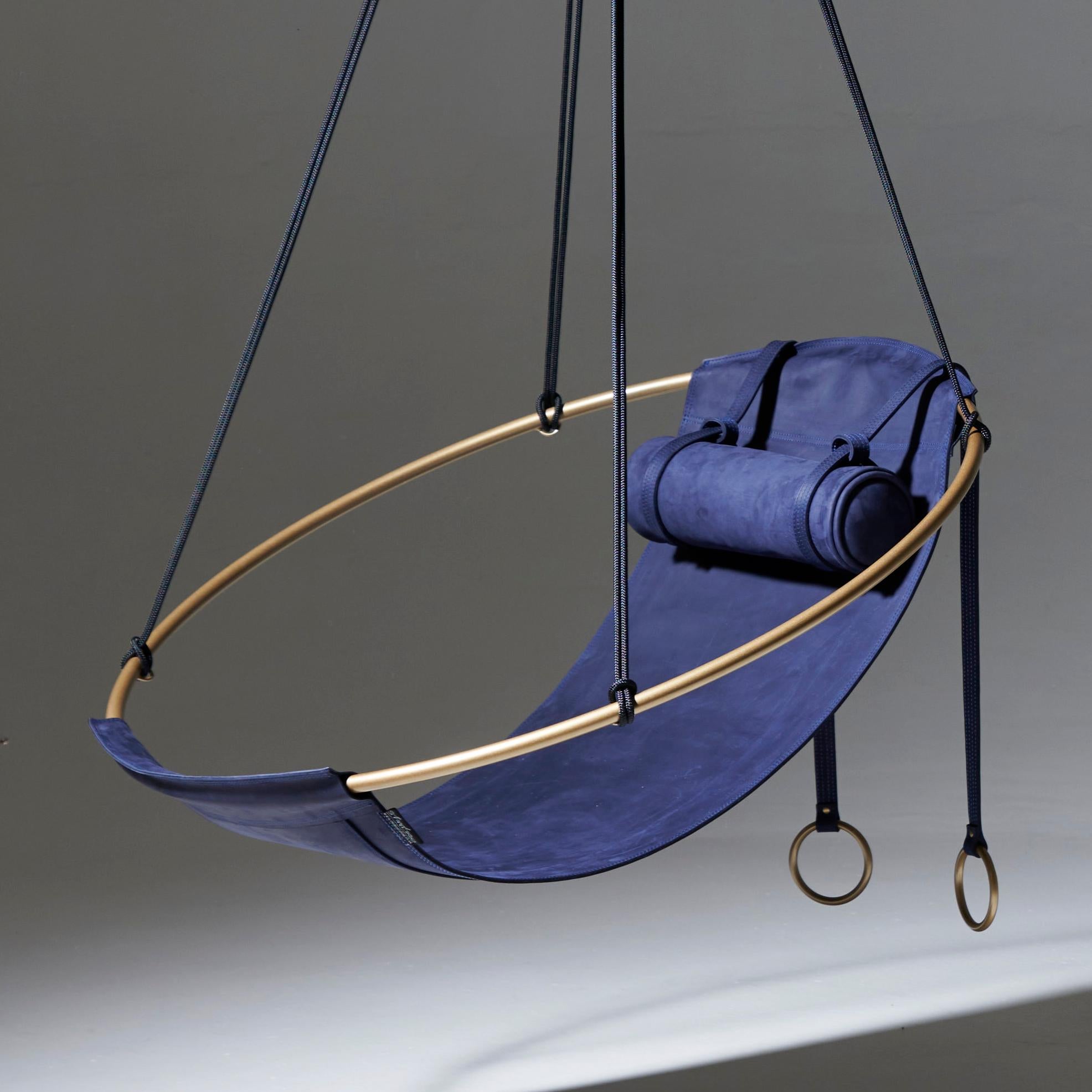 Post-Modern Minimal Modern 1 of a Kind Blue and Gold Sling Hanging Chair For Sale