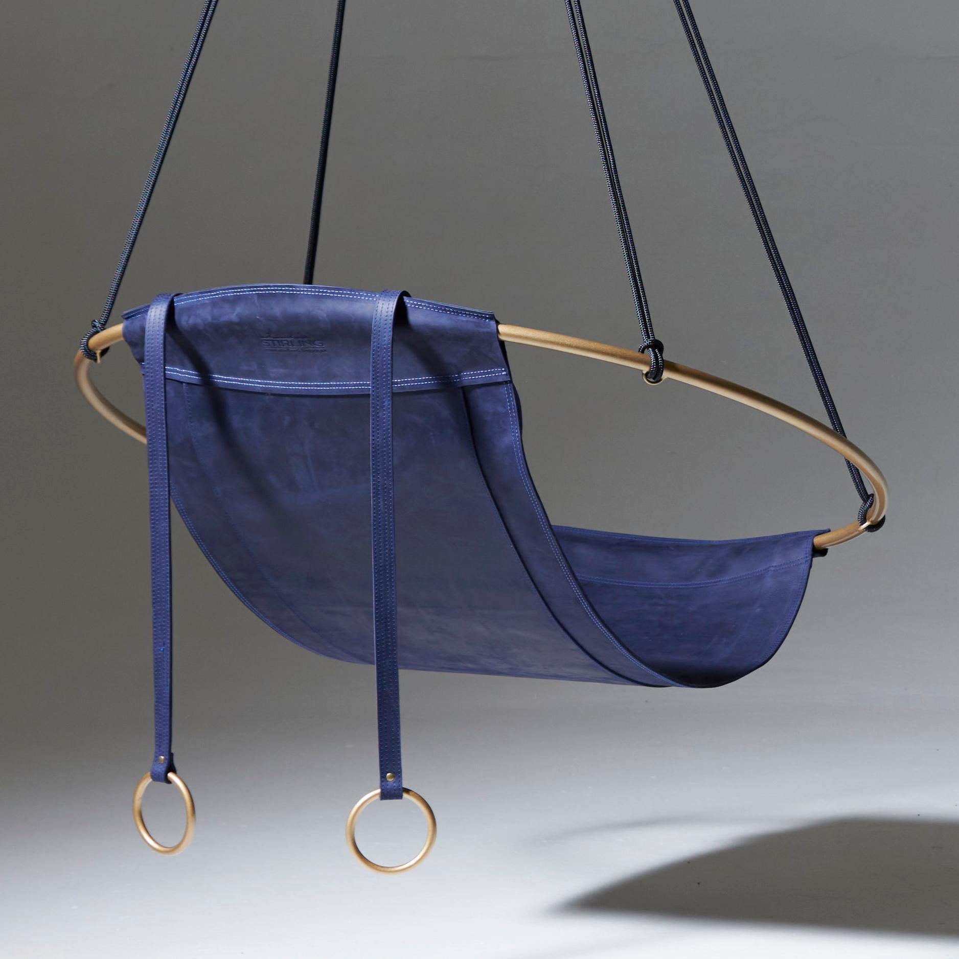 South African Minimal Modern 1 of a Kind Blue and Gold Sling Hanging Chair For Sale