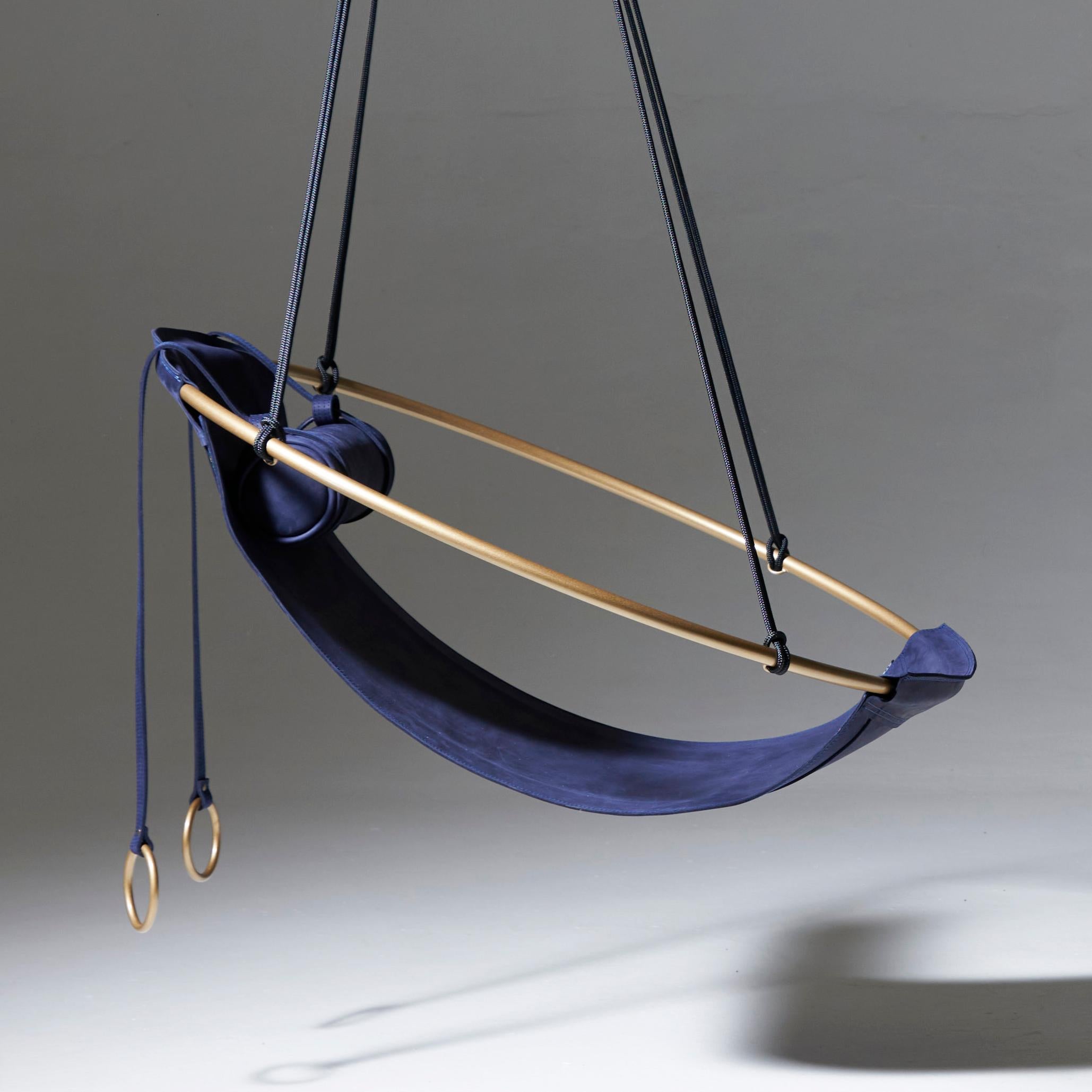 Powder-Coated Minimal Modern 1 of a Kind Blue and Gold Sling Hanging Chair For Sale