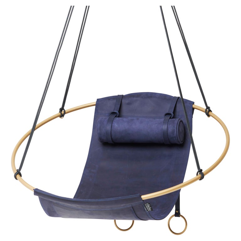 Minimal Modern 1 of a Kind Blue and Gold Sling Hanging Chair For Sale