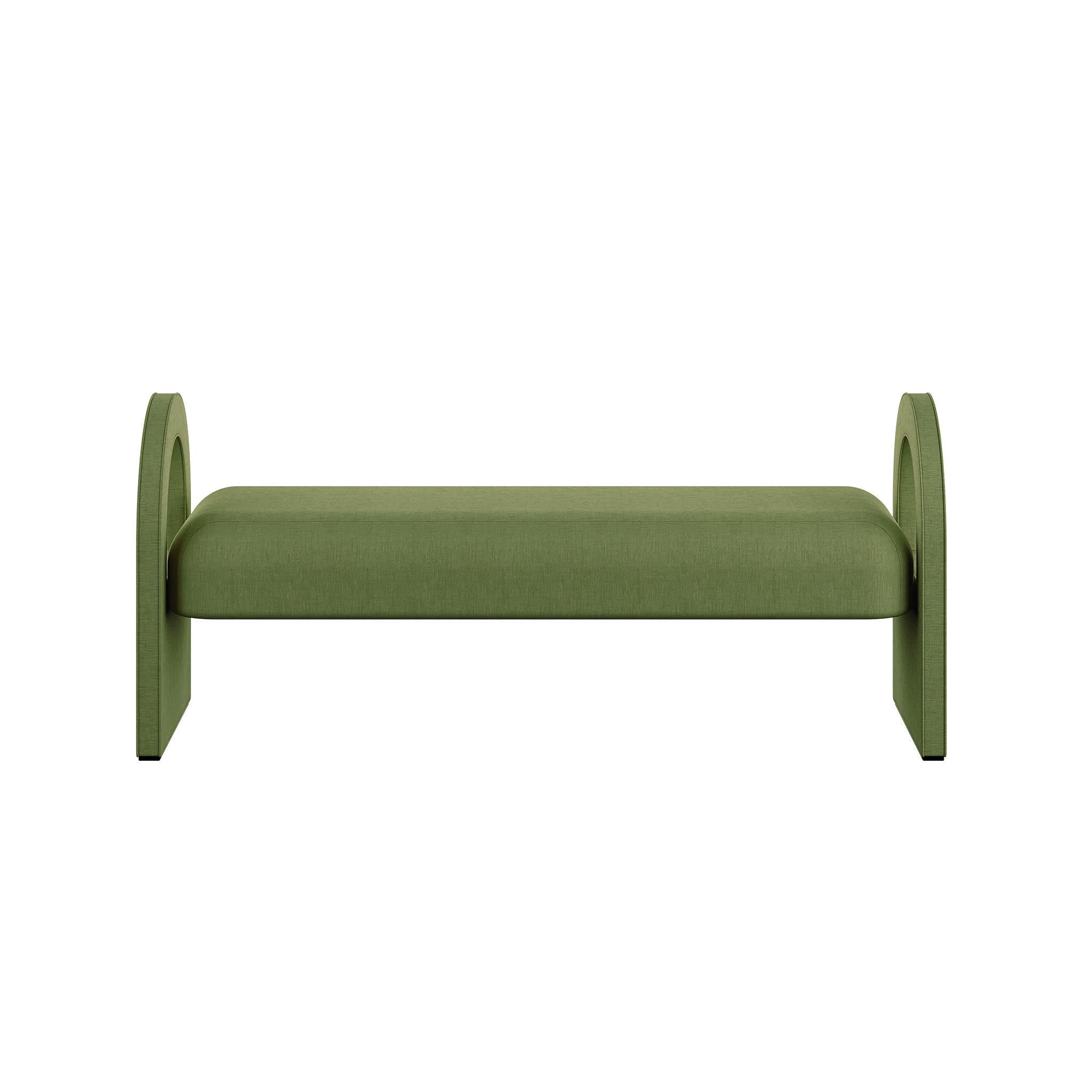 An upholstered contemporary green bench , in neutral colors, fitting any kind of interiors. 

Introducing our Contemporary Upholstered Bench, a versatile and stylish piece that seamlessly blends into various interior styles, from the most