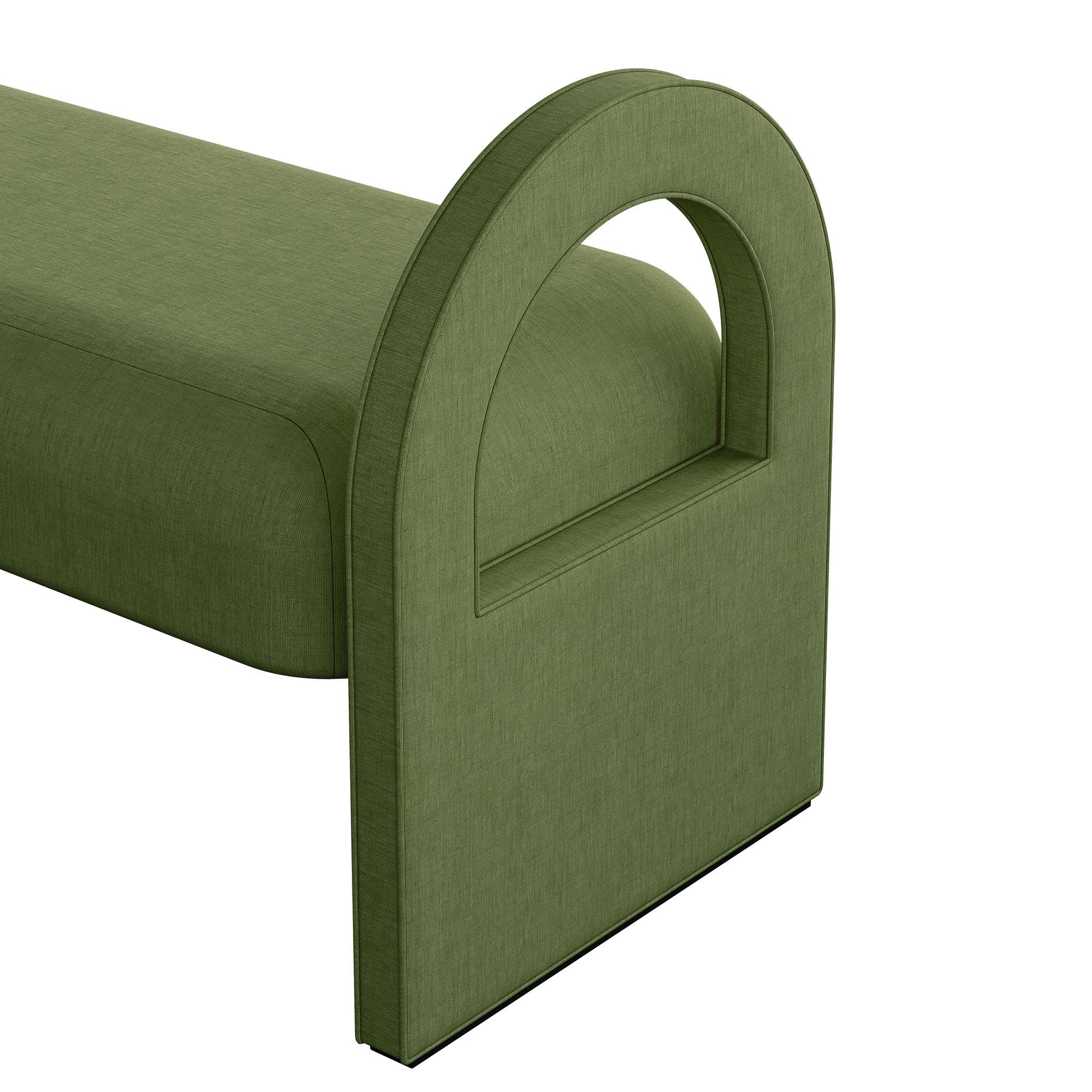 European Minimal Modern Customizable Bench Full Upholstered in Green Linen For Sale