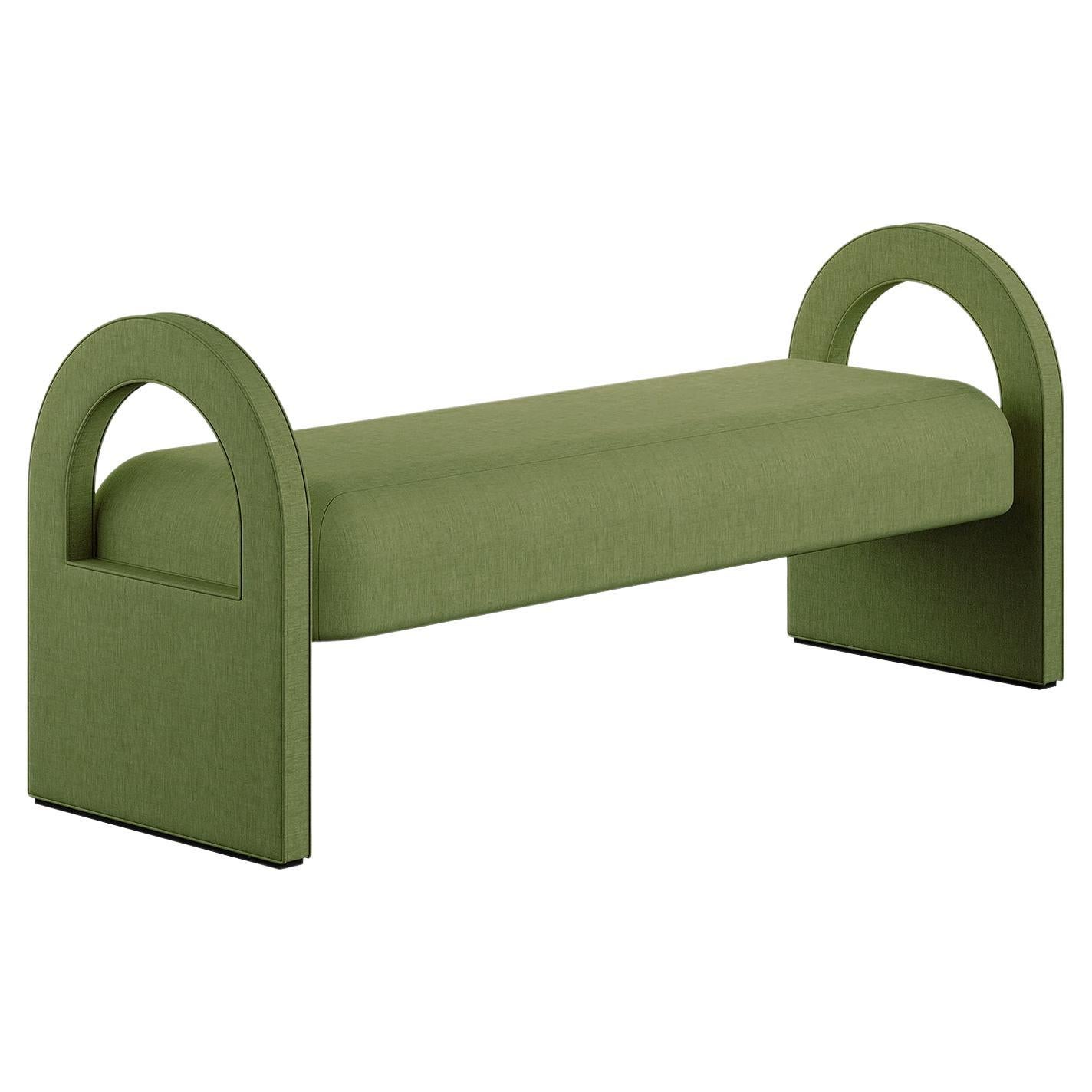 Minimal Modern Customizable Bench Full Upholstered in Green Linen For Sale