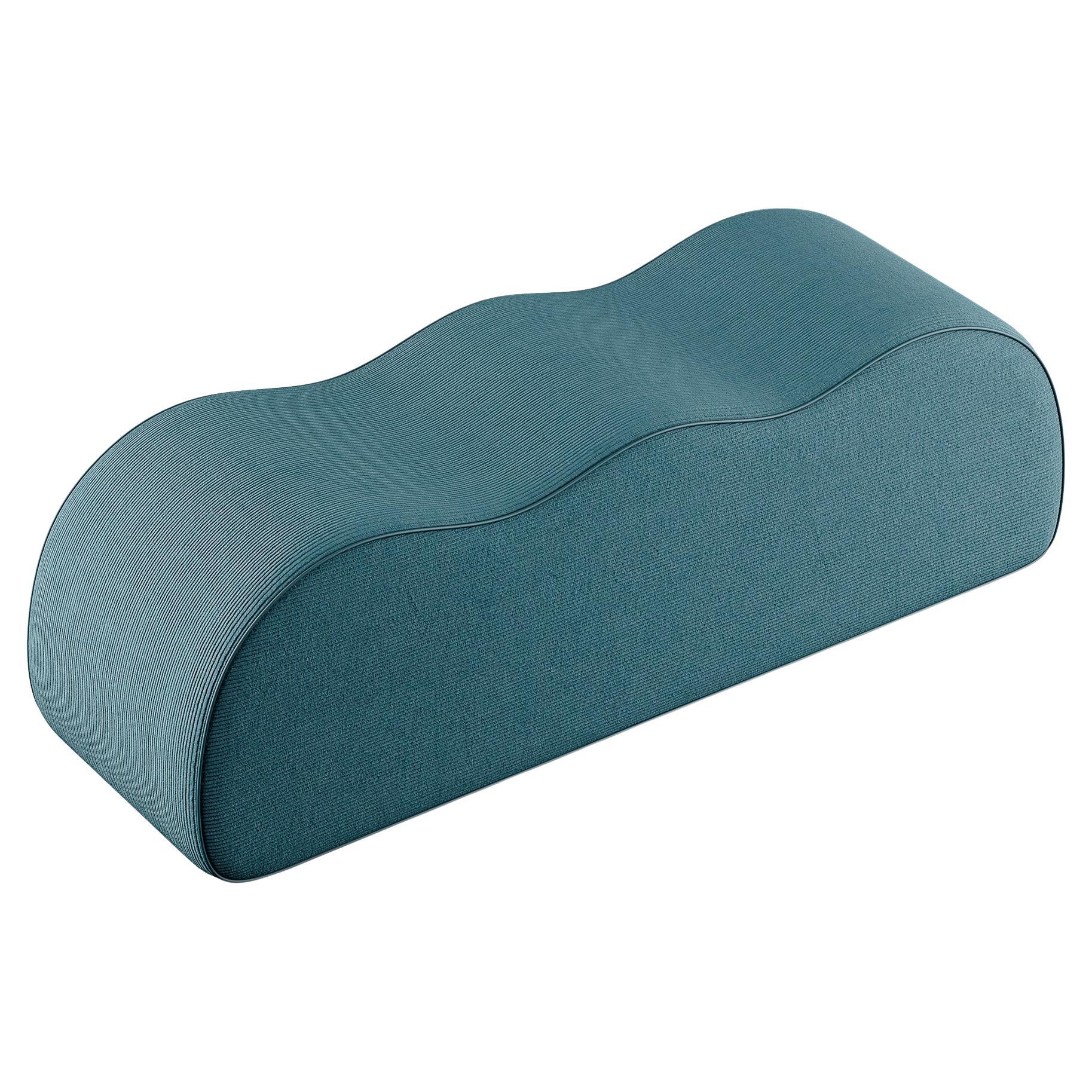 Minimal Modern Customizable Upholstered Wave Bench Light Blue Corduroy For Sale