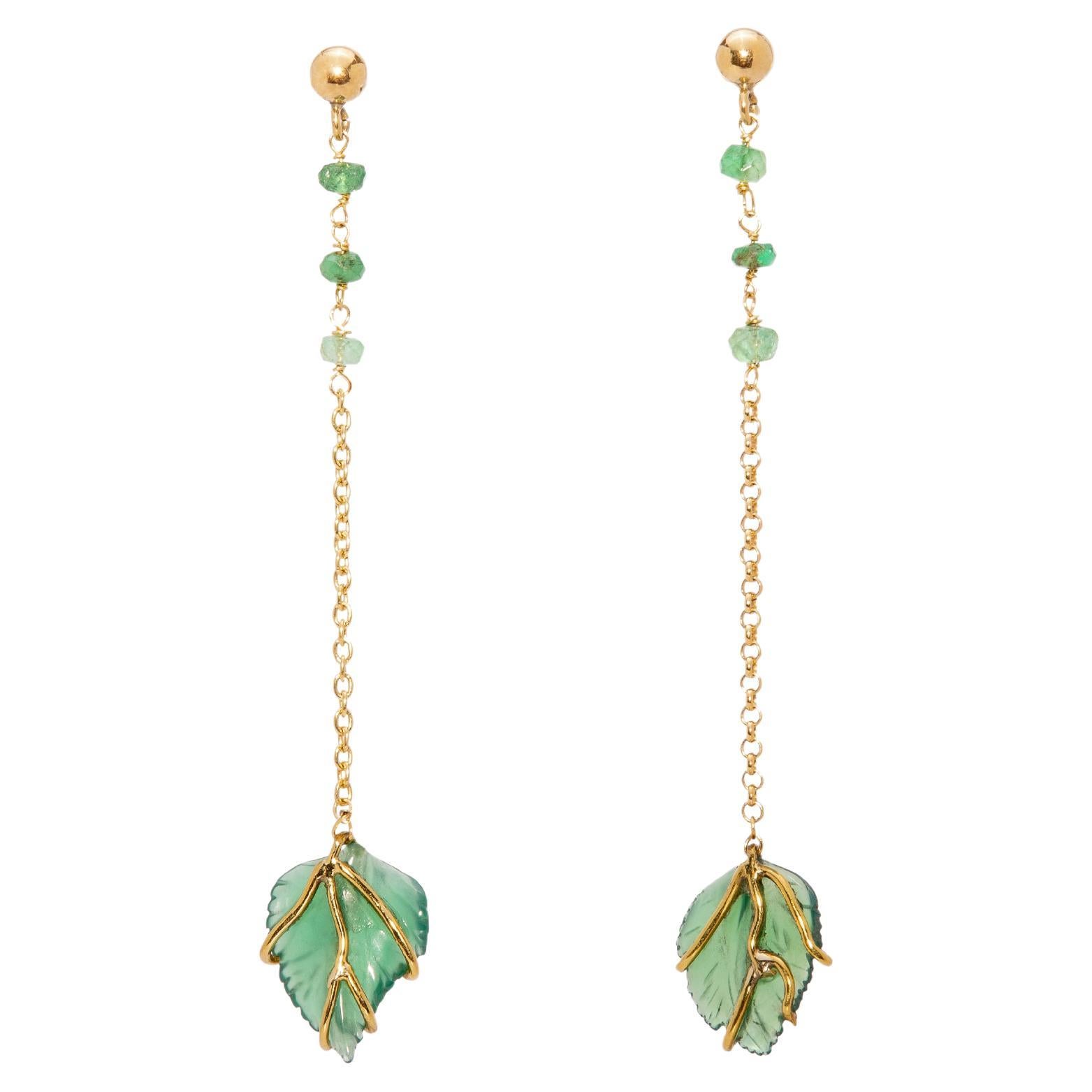 Minimal Modern Emeralds Agate Leaf 18 Karats Yellow Gold Elegant Dangle Earrings