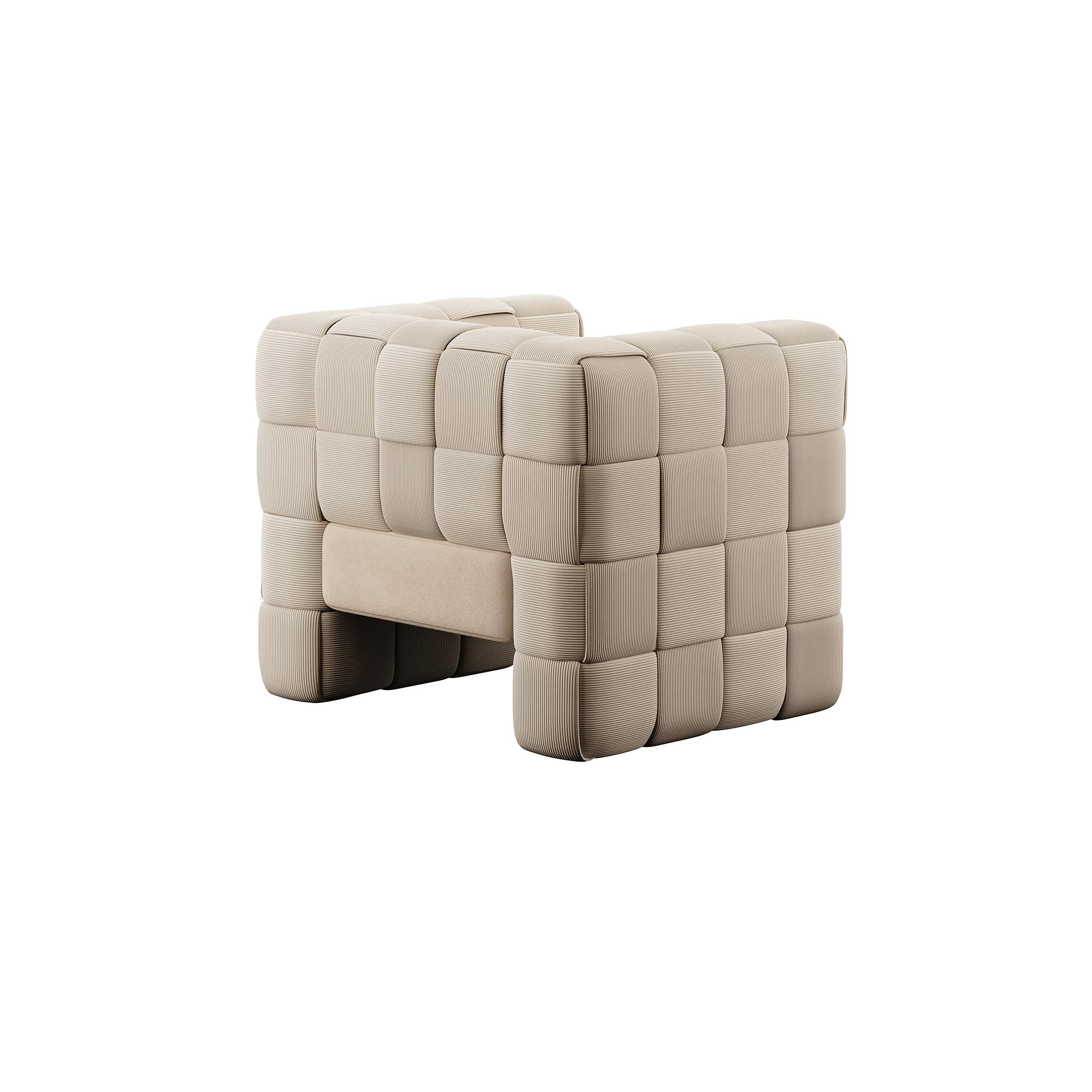 Portuguese Minimal Modern Intrecciato Armchair Cross-Banded Braided Beige Corduroy For Sale