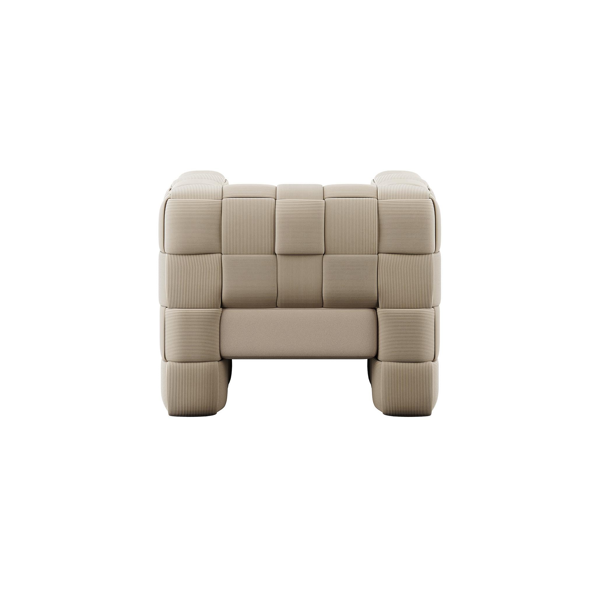 Minimal Modern Intrecciato Armchair Cross-Banded Braided Beige Corduroy In New Condition For Sale In Porto, PT