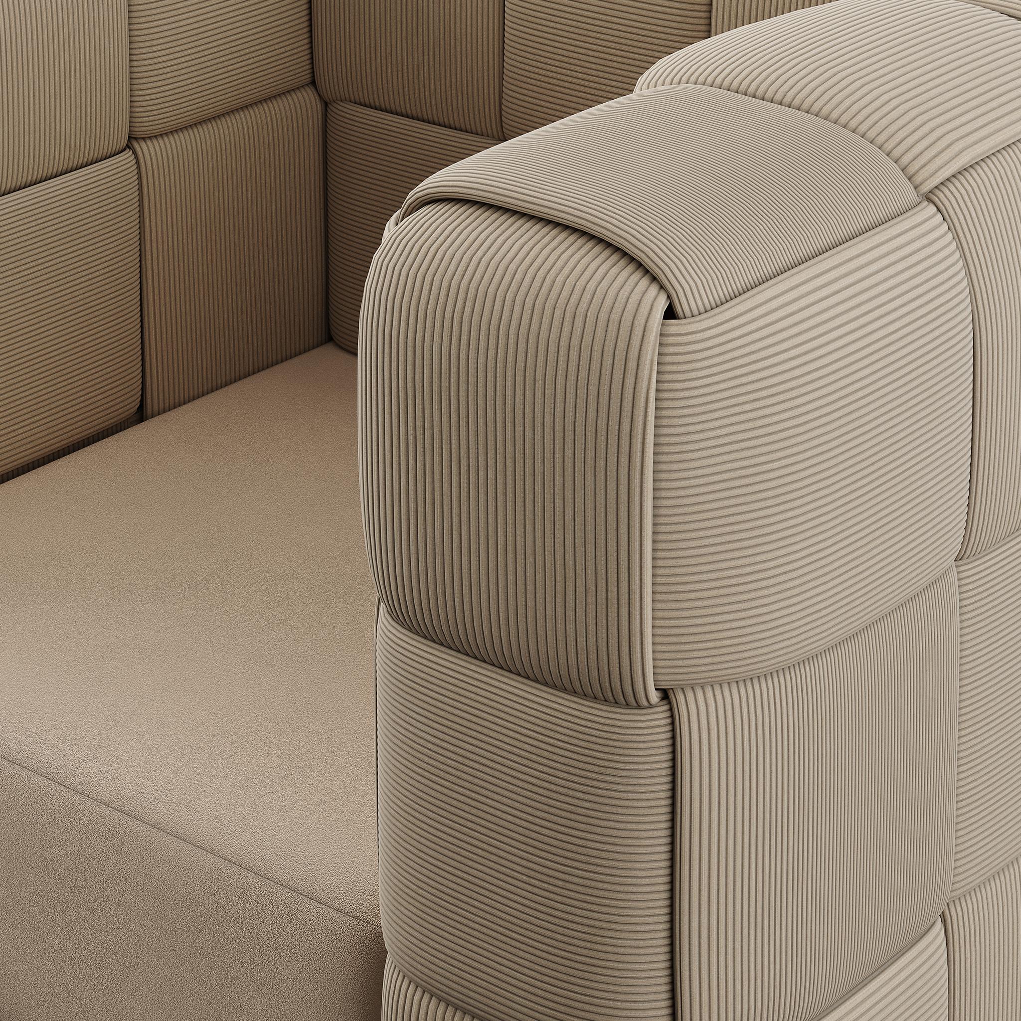 Contemporary Minimal Modern Intrecciato Armchair Cross-Banded Braided Beige Corduroy For Sale