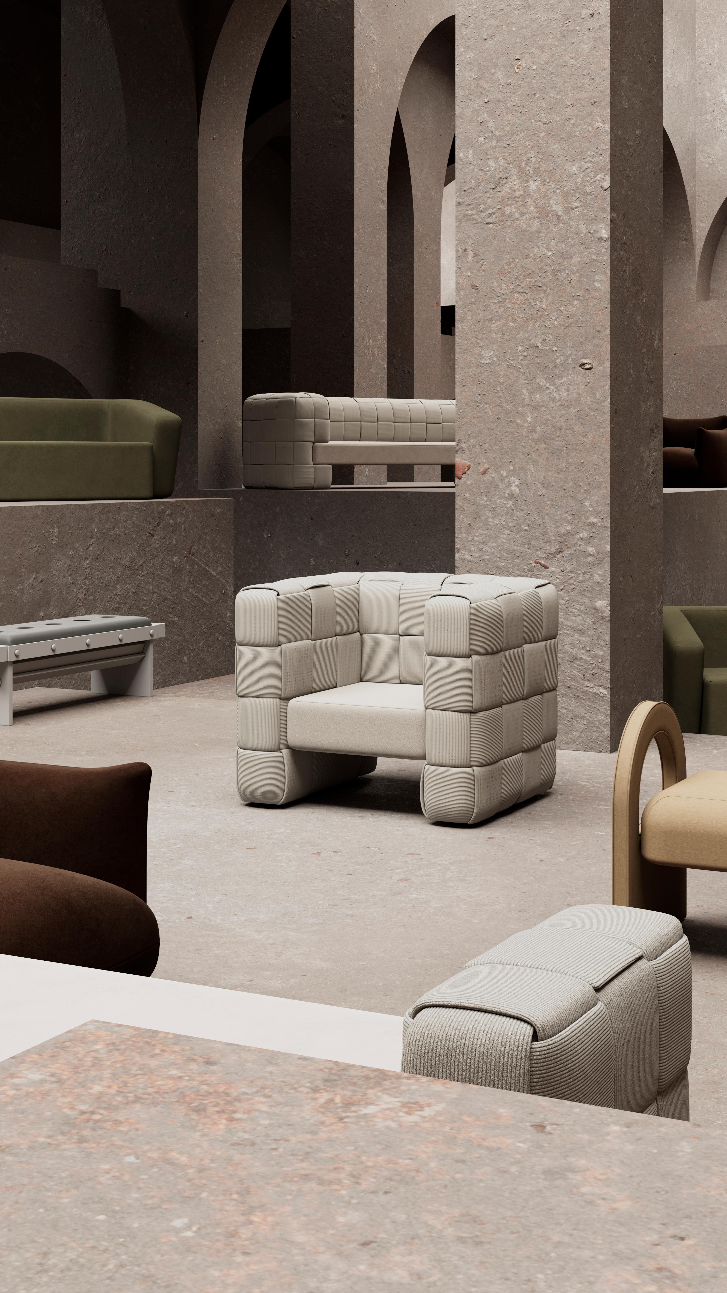 Fabric Minimal Modern Intrecciato Armchair Cross-Banded Braided Beige Corduroy For Sale