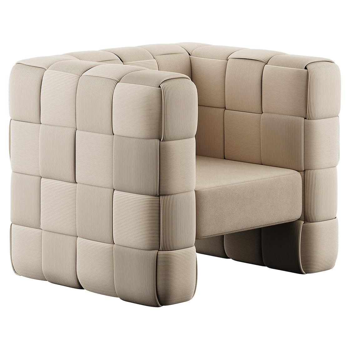 Fauteuil Intrecciato moderne et minimaliste en velours côtelé beige tressé à bandes croisées