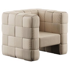 Minimalistischer moderner Intrecciato-Sessel, Kreuzband, geflochtener geflochtener, beigefarbener Kord