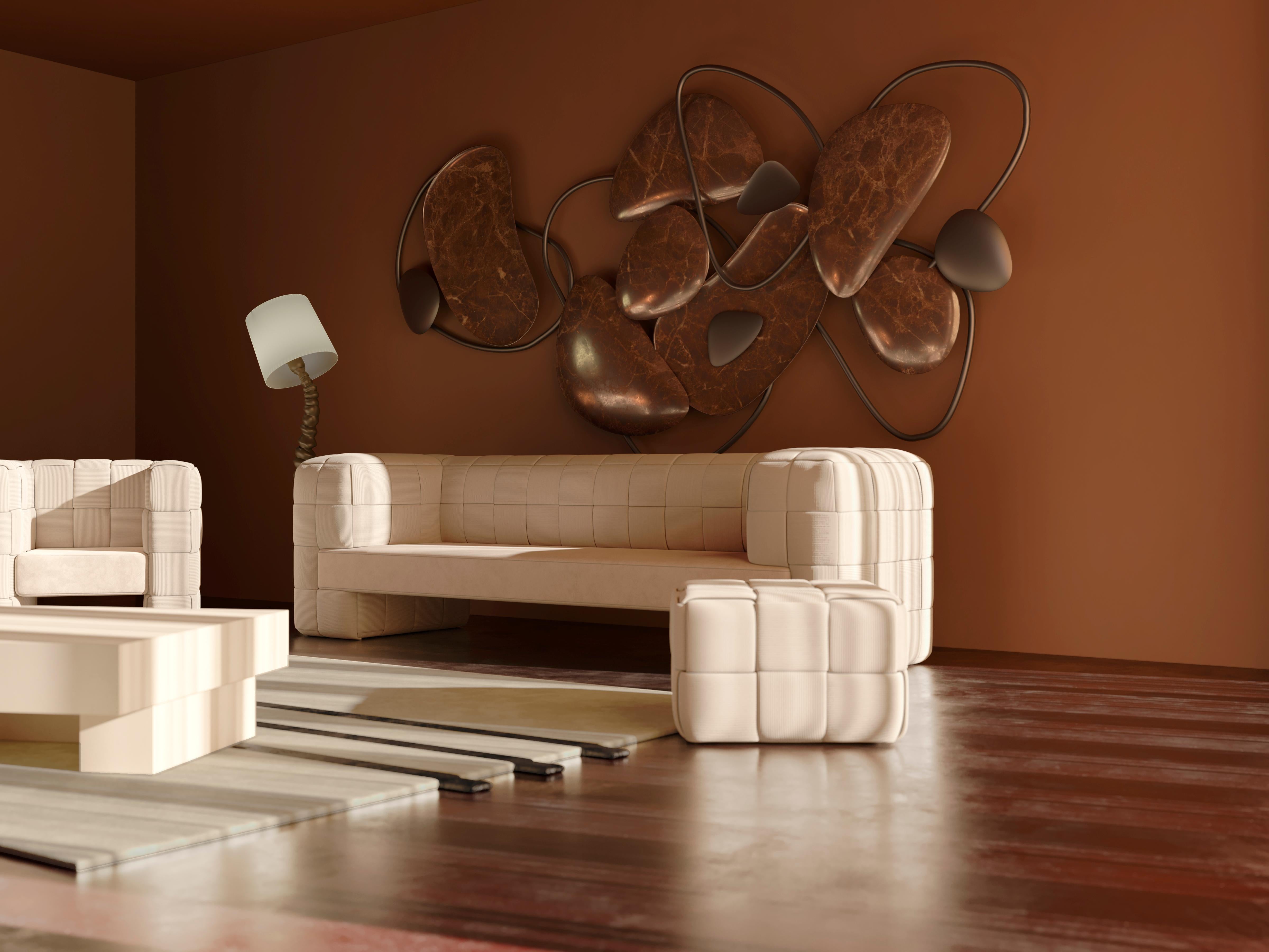 Contemporary Minimal Modern Intrecciato Stool Cross-Banded Braided Beige Corduroy For Sale