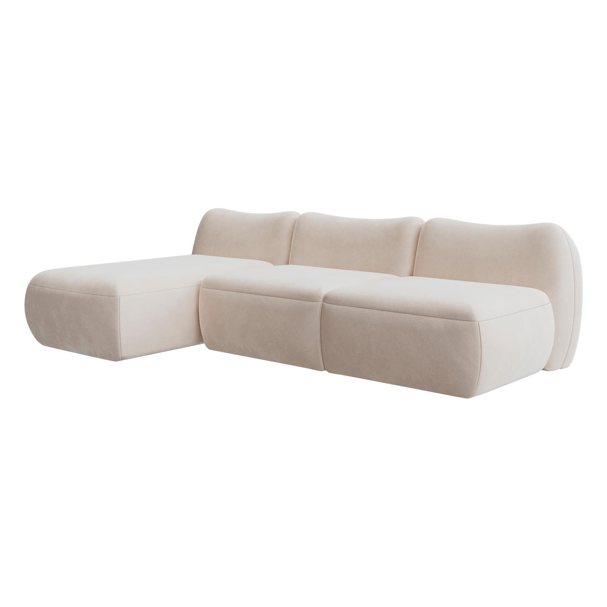 Minimal Modern L-Form Weiß Samt Modular Plüsch Sektional Sofa Drei Sitzplätze (Portugiesisch) im Angebot