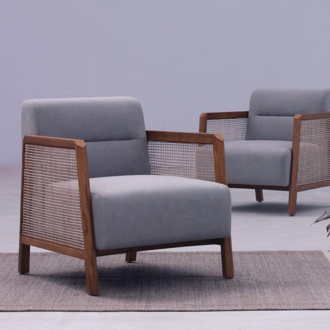 Organic Modern Minimal Modern Lounge Armchair in Solid Wood Oak and Natural Woven Cane For Sale