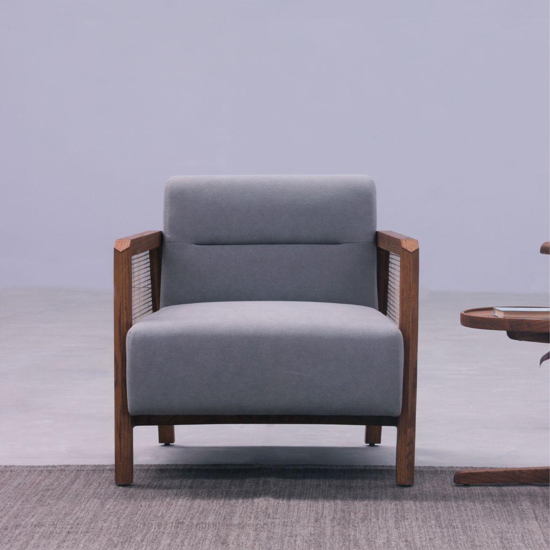 Indian Minimal Modern Lounge Armchair in Solid Wood Oak and Natural Woven Cane For Sale