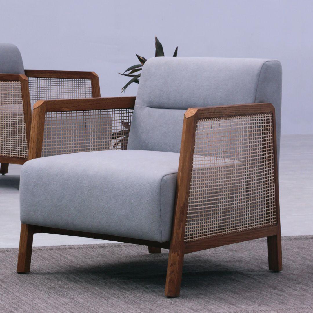 Caning Minimal Modern Lounge Armchair in Solid Wood Oak and Natural Woven Cane For Sale