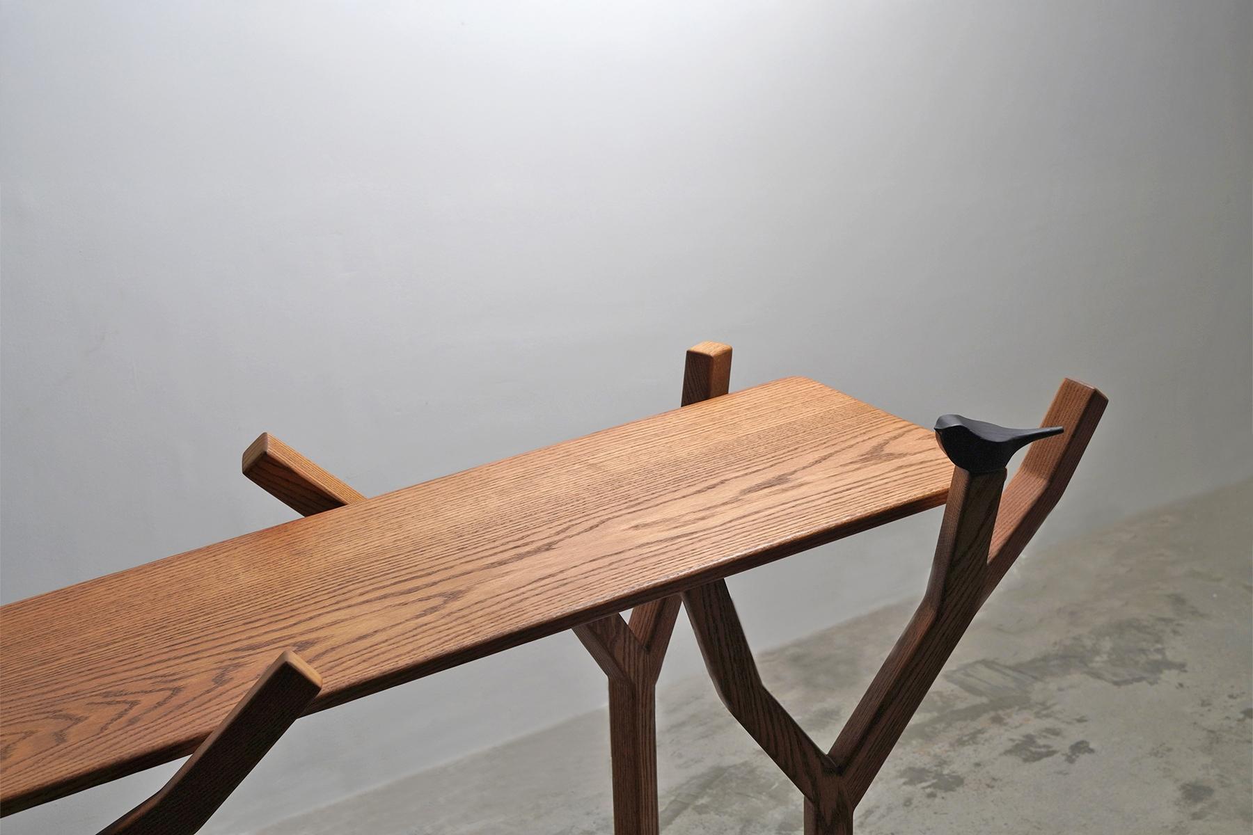 Organic Modern Minimal modern Solid Oak statement console with handcrafted birds and brass For Sale