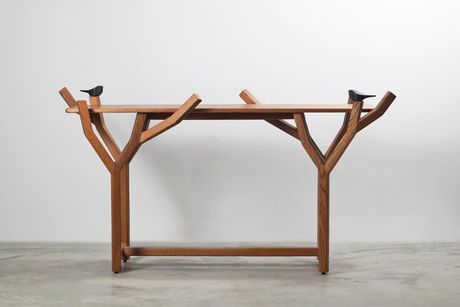 Indian Minimal modern Solid Oak statement console with handcrafted birds and brass For Sale