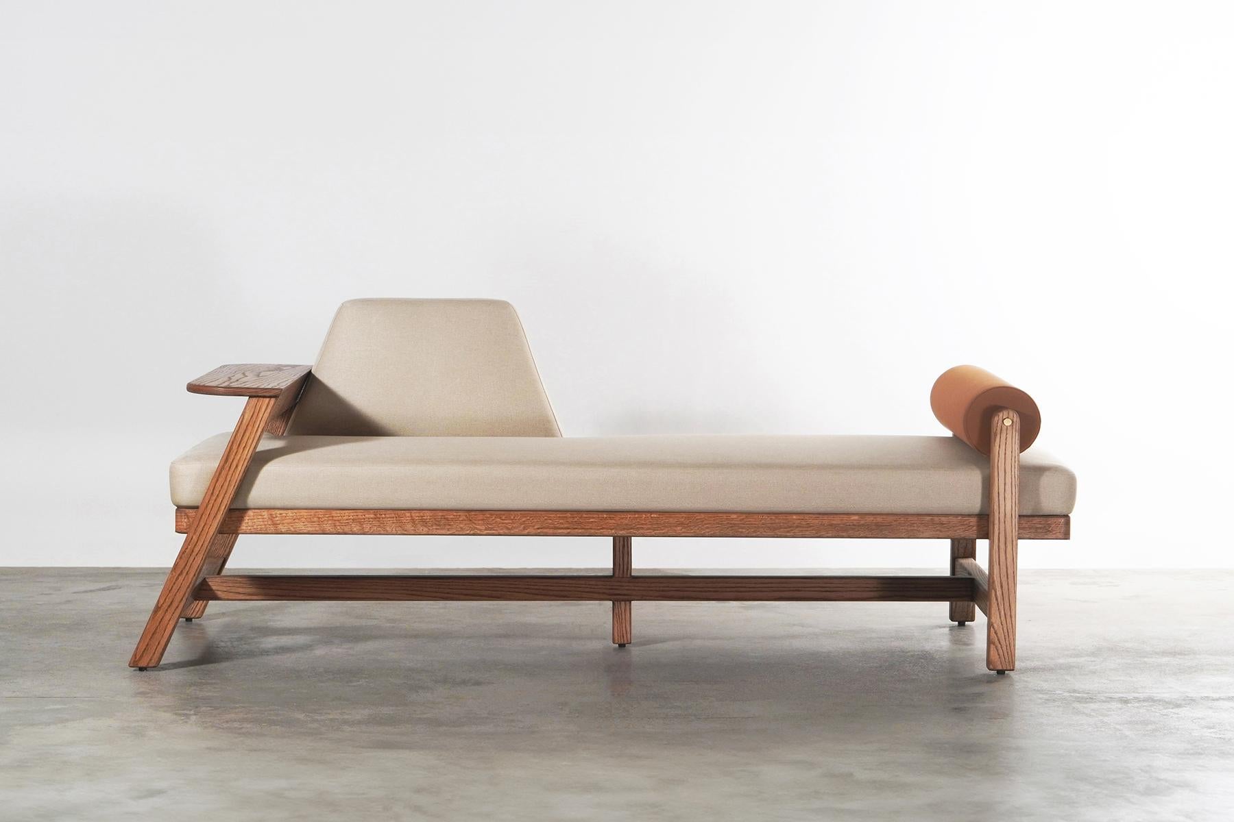 Inlay Minimal Modern Oak wood upholstered Bench with bolster, brass and wooden armrest For Sale