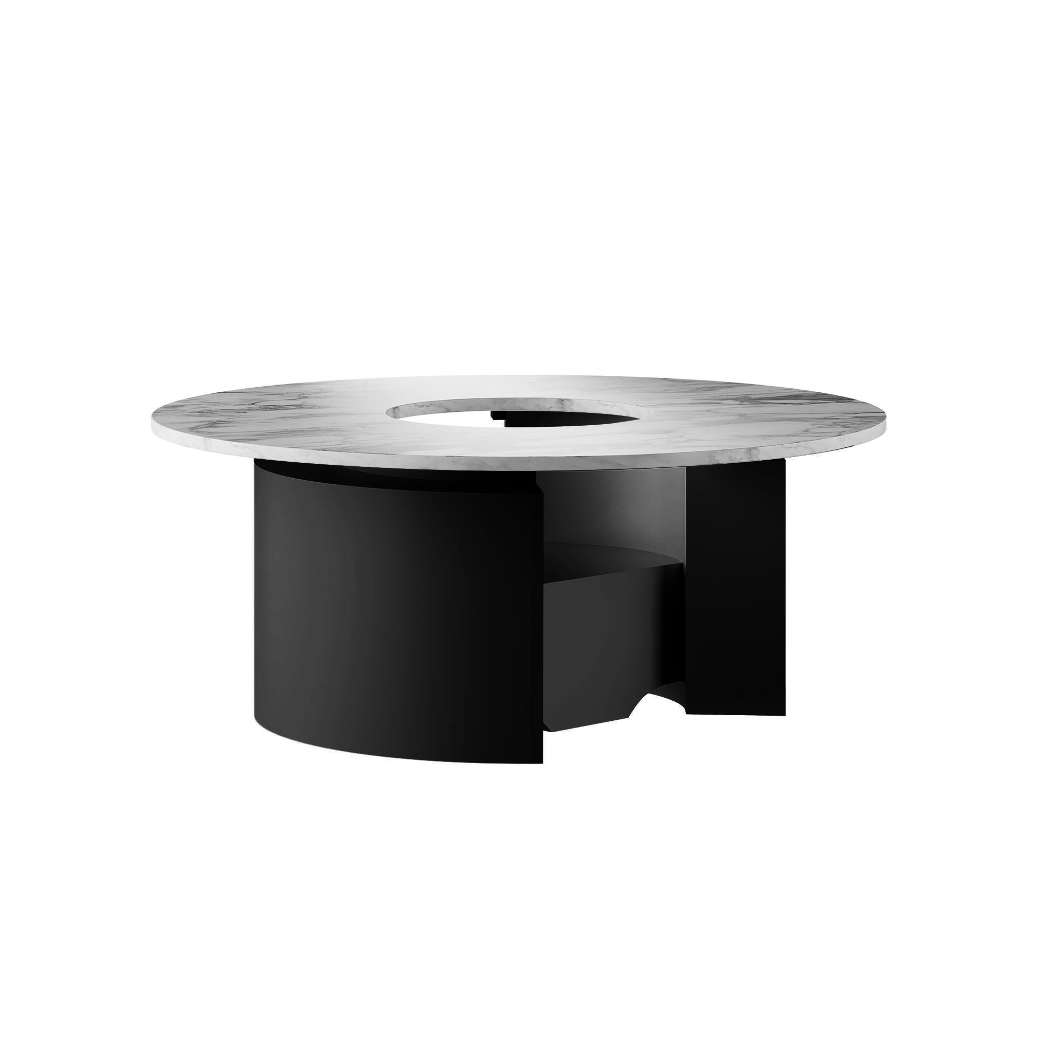 Minimaler moderner runder Mitteltisch Calacatta mit weißer Marmorplatte und schwarzem, mattem Lack (Moderne) im Angebot