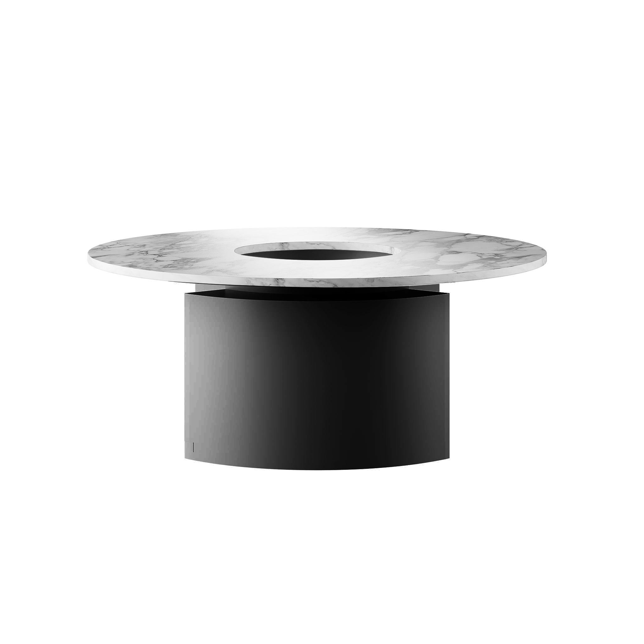 Lacquered Minimal Modern Round Center Table Calacatta White Marble Top Black Matte Lacquer For Sale