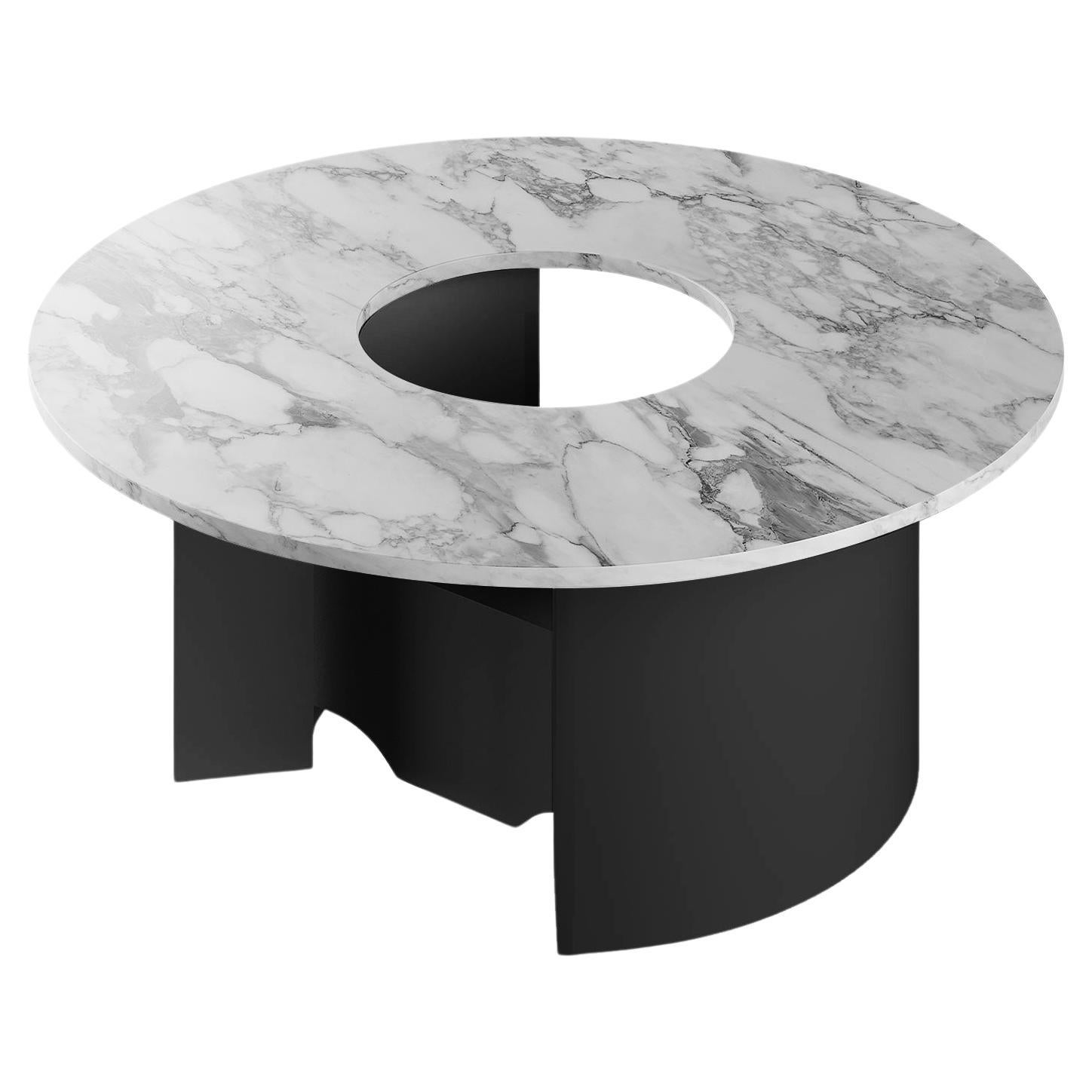 Minimal Modern Round Center Table Calacatta White Marble Top Black Matte Lacquer For Sale