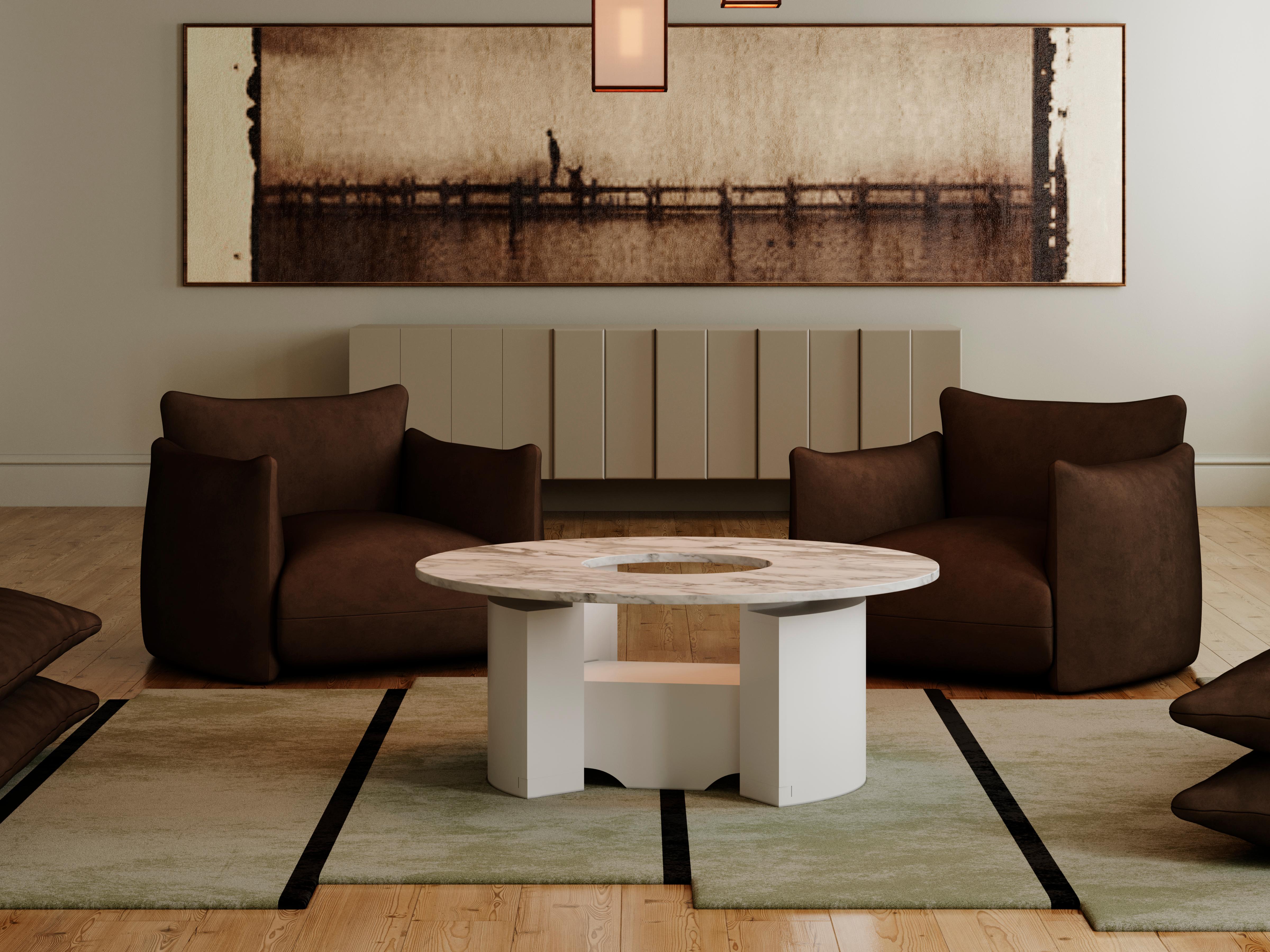 Moderne Table centrale ronde minimaliste Calacatta, plateau en marbre blanc, laque grise mate en vente