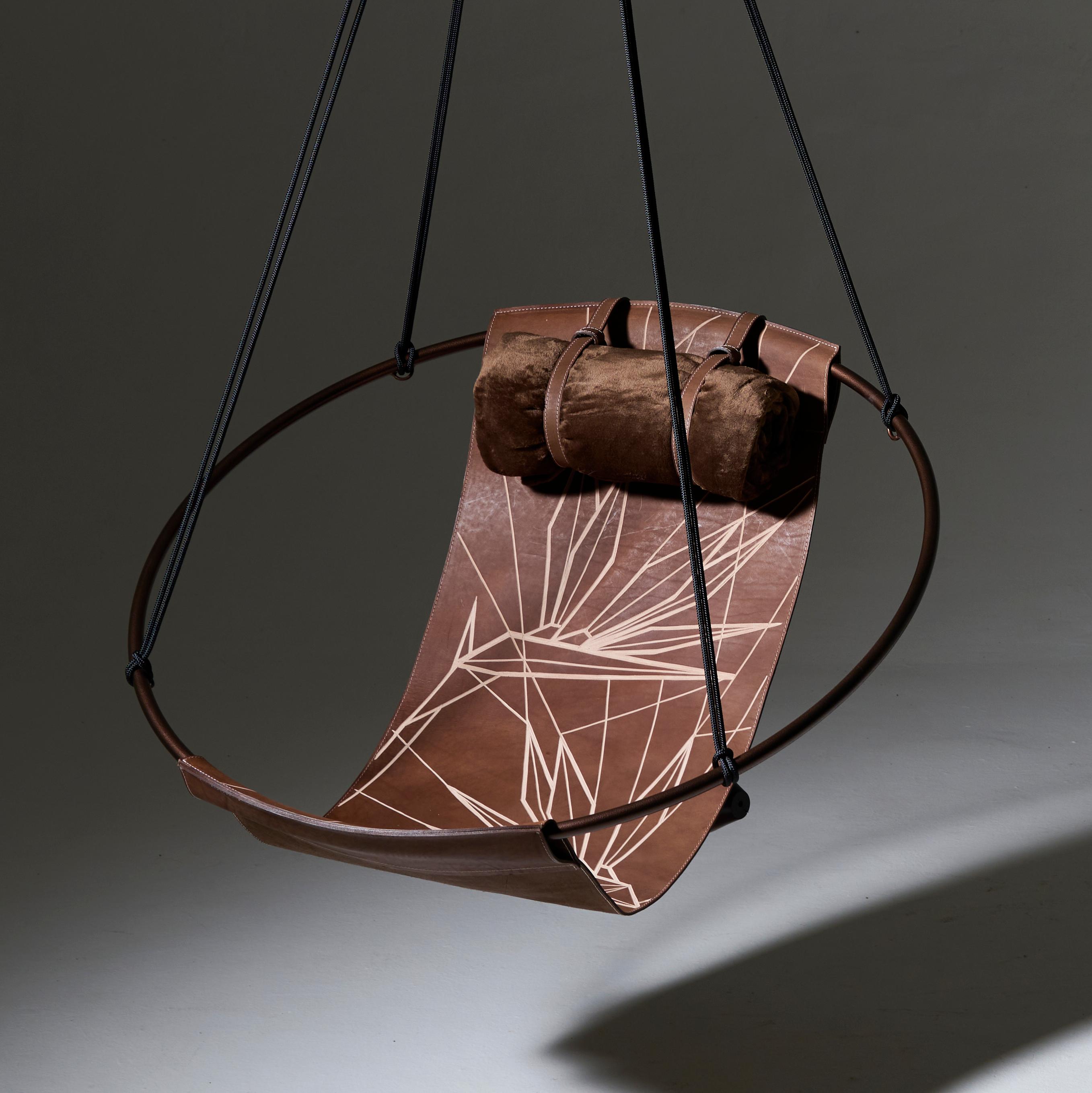 Minimalist Minimal Modern Sling Hanging Chair Strelitzia Carved into Genuine Leather For Sale